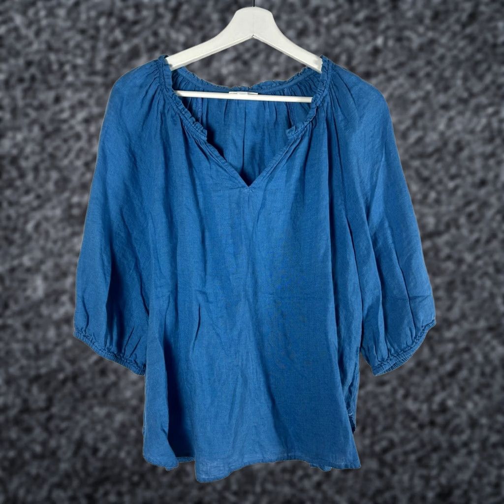 J. Jill J. Jill Love Linen Womens V-Neck Ruffle Trim 3/4 Sleeve Top Blouse Medium Blue Size M / US 6-8 / IT 42-44 - 1 Thumbnail