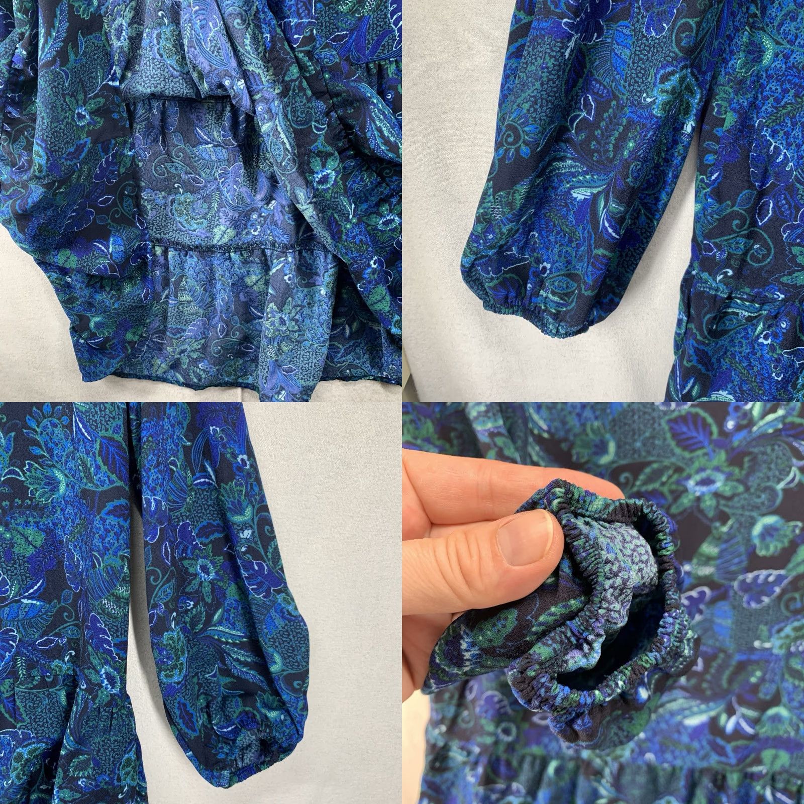 Vintage Women’s Deep Blue Green Botanical Large Dress Balloon Sleeve Metal Buttons Flowy Size L / US 10 / IT 46 - 8 Thumbnail
