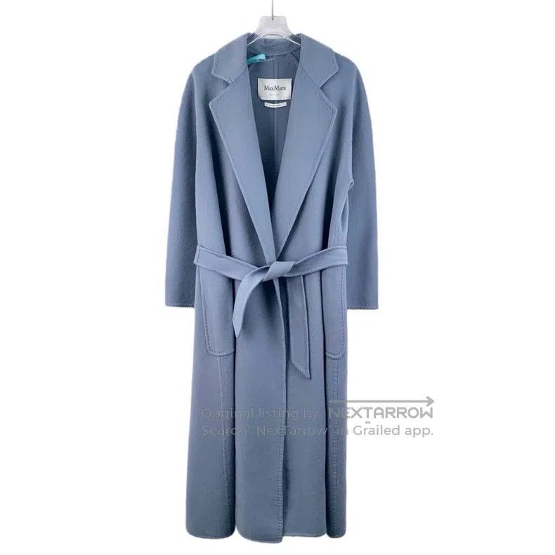 Max Mara Sky Blue Sheep Wool Collar Long Sleeve Belted Coa