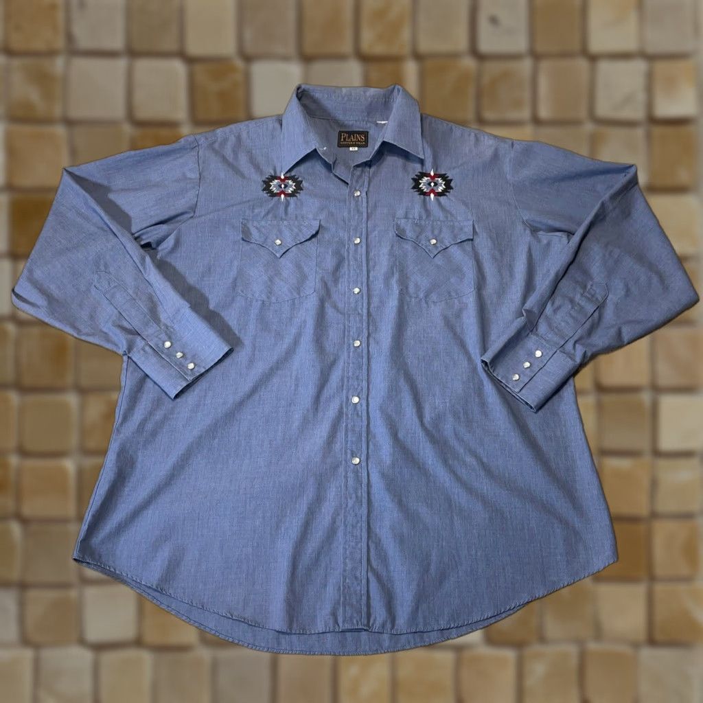 Vintage VINTAGE Plains Western Wear Pearl Snap Button-Up Shirt XL Long Sleeve Embroidered Blue Mens Size US XL / EU 56 / 4 - 1 Thumbnail