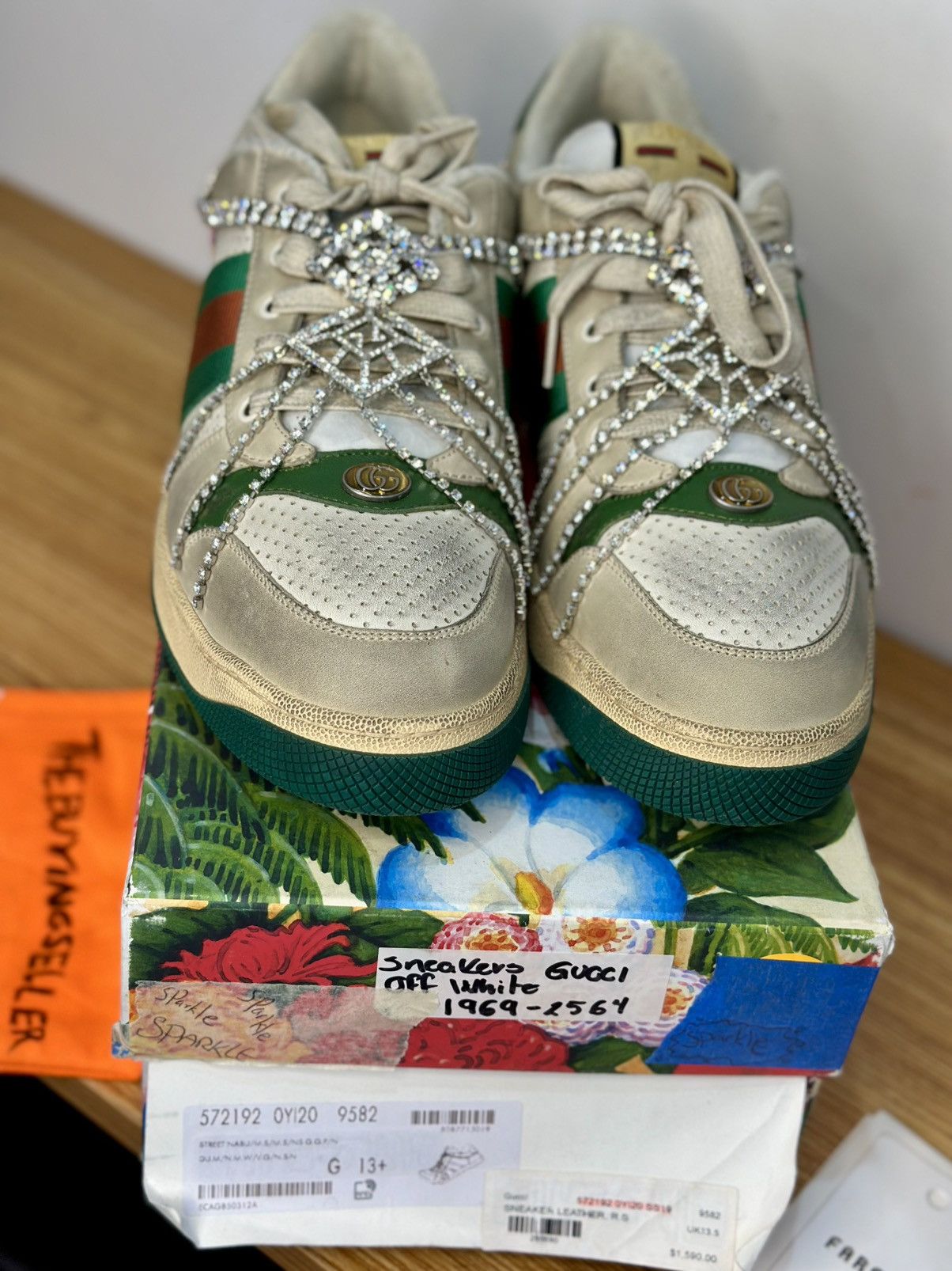 Gucci Off White Green Distressed Leather Crystal Screener Sneakers Size US 14 / EU 47 - 4 Thumbnail