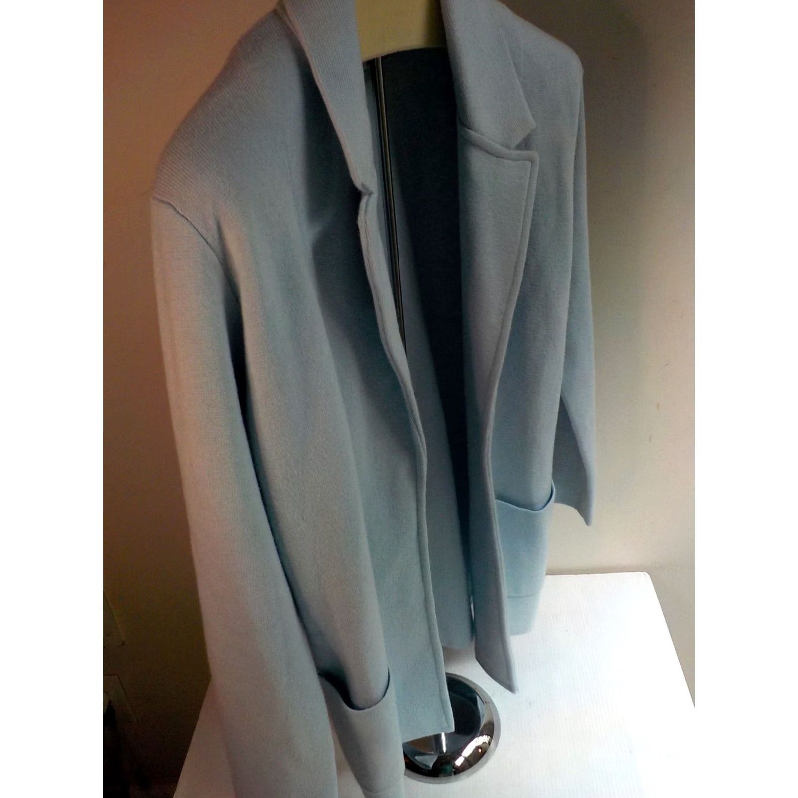 Vintage MAGASCHONI Open Front Notch Lapel Cardigan/Blazer Light Blue Cotton/Poly/Wool SZ S Women Cardigan Long Sleeve Size S / US 4 / IT 40 - 3 Thumbnail