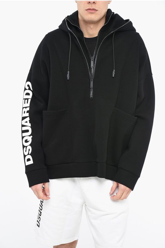 Image of Dsquared2 Oversized Doubleneck Anorak Sweatshirt With Zipped Detail in Black, Men's (Size XL)