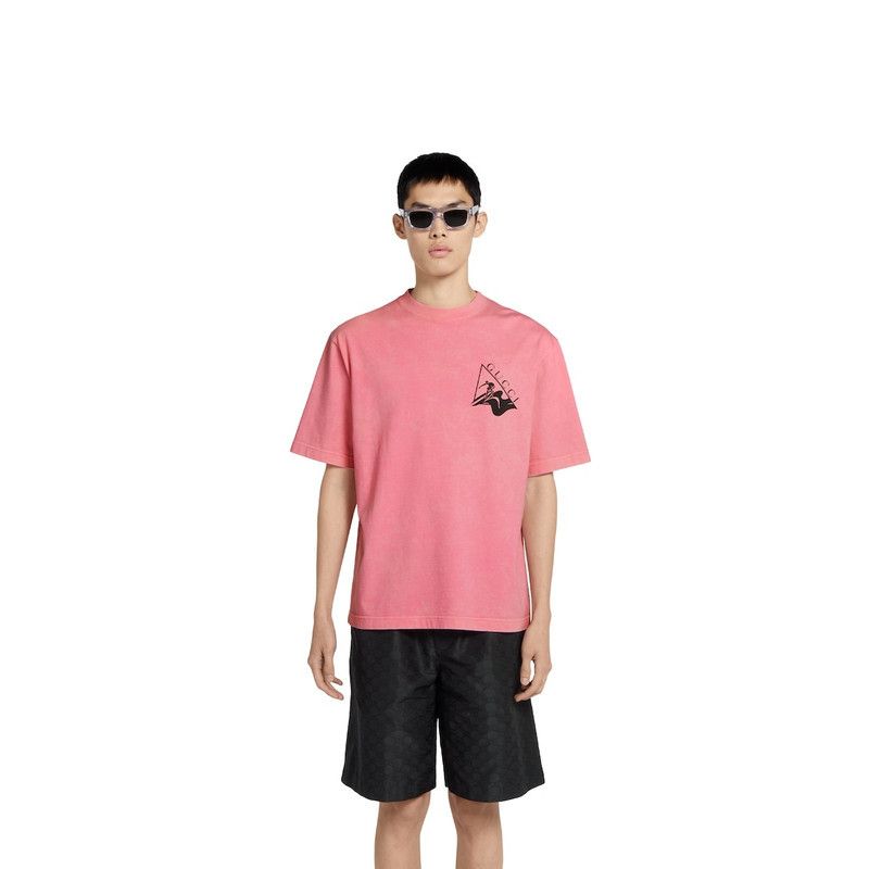 Gucci o1loc1c1125 798115 Printed Cotton Jersey T Shirt in Pink Size US XS / EU 42 / 0 - 2 Thumbnail