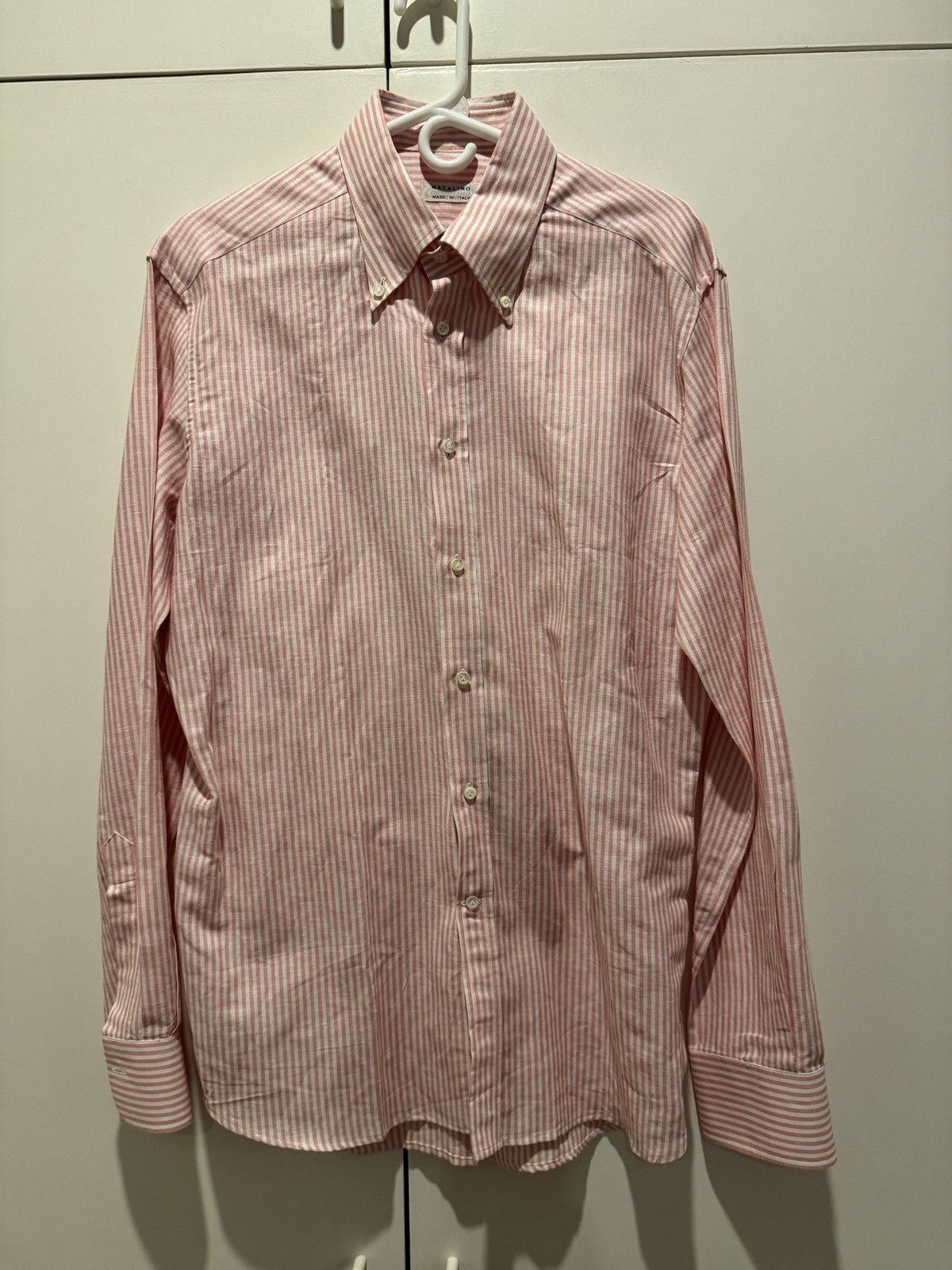 Natalino Natalino Pink Stripe Cotton Linen Button Down 16.5 Size US L / EU 52-54 / 3 - 1 Thumbnail