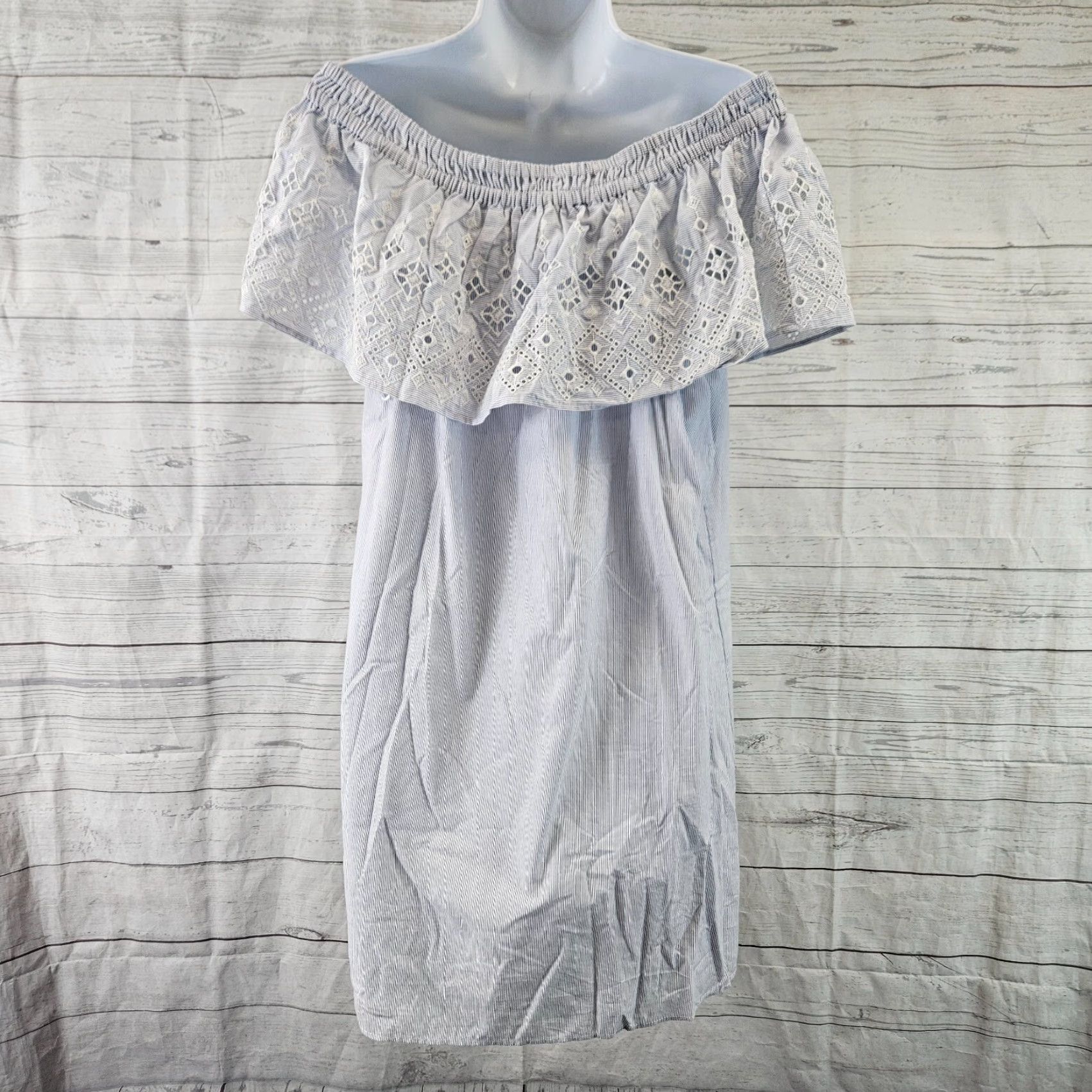 Loft Ann Taylor LOFT Womens Off The Shoulder Dress XS White Blue Embroidered Size XS / US 0-2 / IT 36-38 - 4 Thumbnail