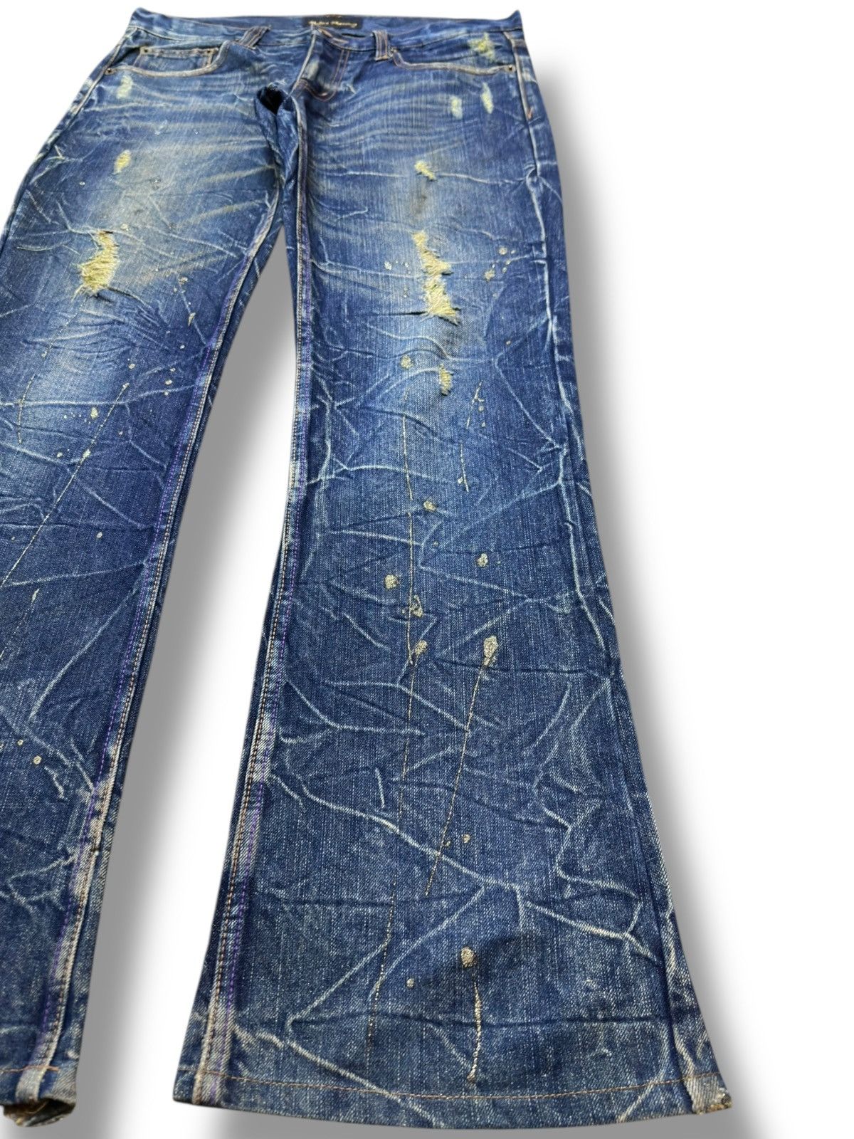 Tornado Mart Vintage Nylaus Premium Flare Paint Splatter Grunge Denim Size US 33 - 4 Thumbnail