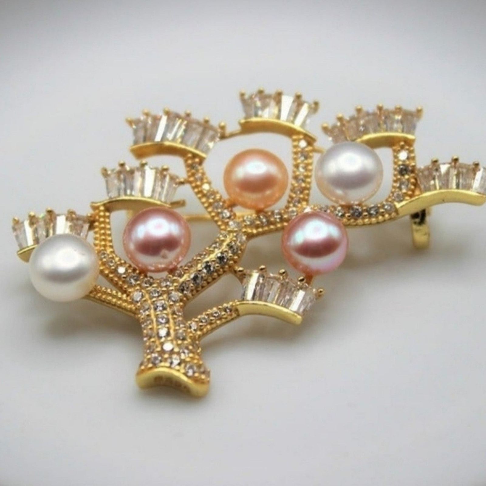 アクセサリー NANO gold plated pearl brooch SILVER 950 Freshwater Pearl Tree Brooch Cubic Zirconia Gold Plated NWT