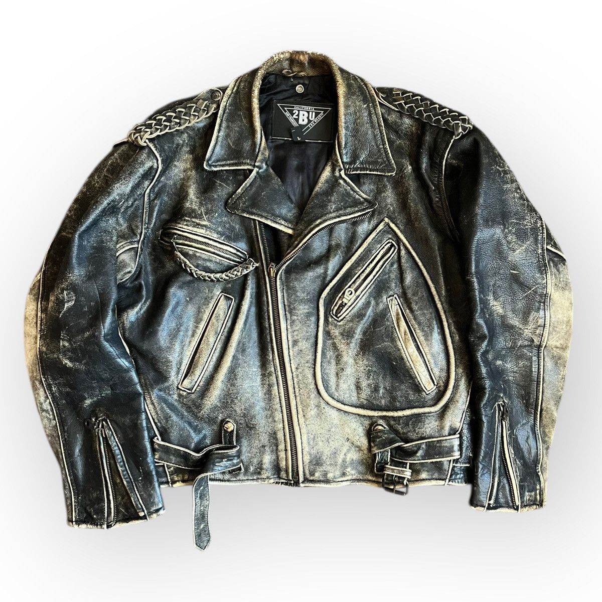 Vintage Vintage 90s 2BU Distressed Leather Biker Jacket Large Size US L / EU 52-54 / 3 - 1 Thumbnail