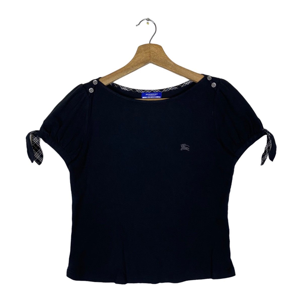 image of Burberry London Blue Label Mini Logo Crop Top Tshirt in Black, Women's (Size XS)