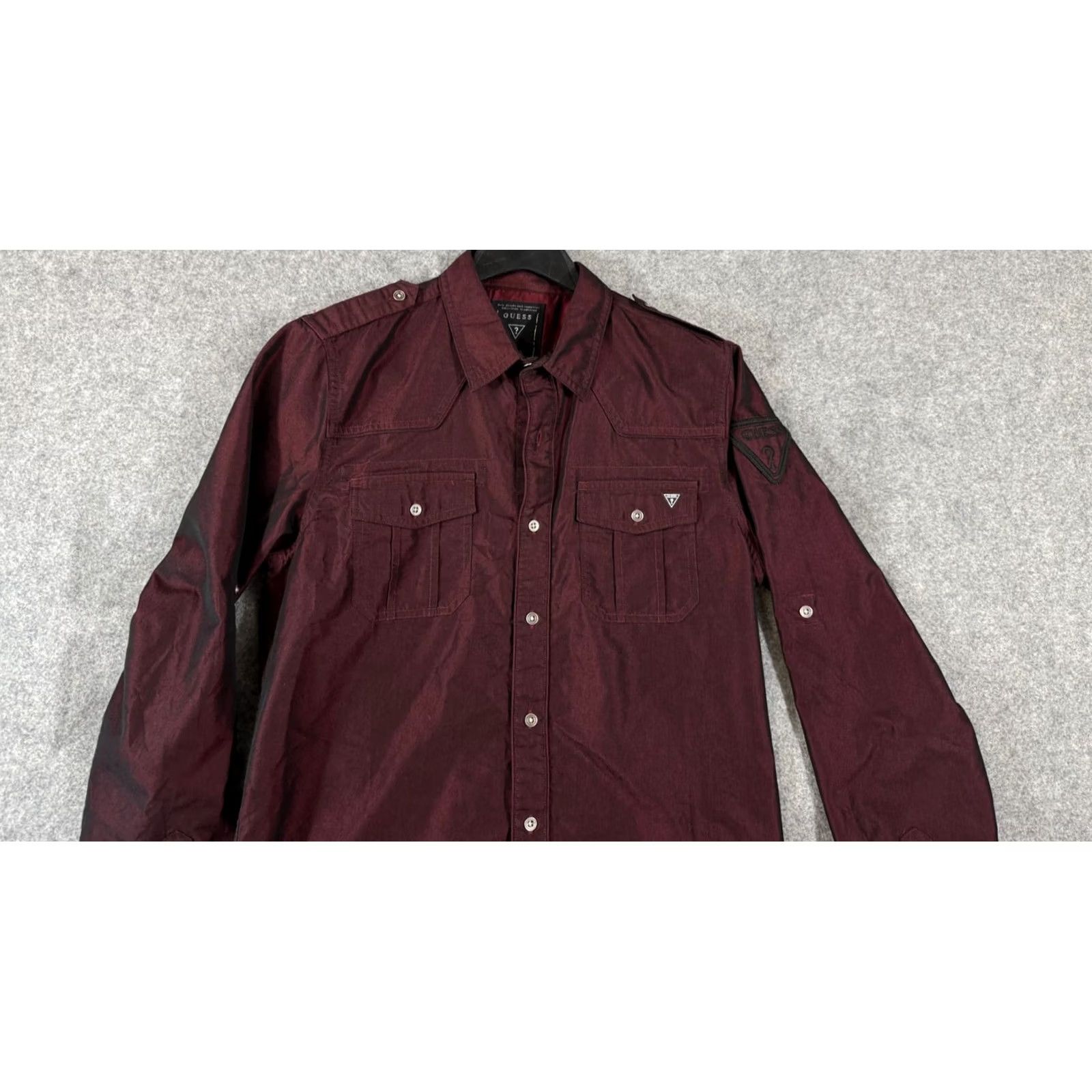 Guess VINTAGE Guess Iridescent Shirt Mens S Maroon Red Long Sleeve Shoulder Epaulets Button Up Pockets 90s Mens Size US S / EU 44-46 / 1 - 2 Thumbnail
