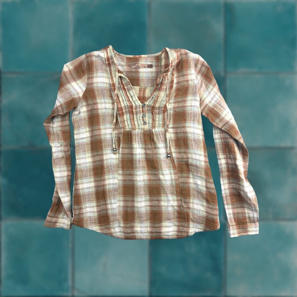 Prana prAna Popover Shirt Women's XS Brown Plaid Button Front Long Sleeve Drawstring Shirt Size XS / US 0-2 / IT 36-38 - 1 Thumbnail