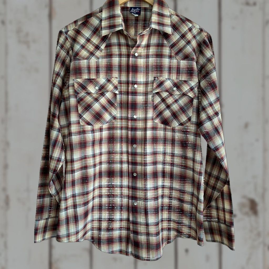 Levi's VINTAGE Levi's Mens Pearl Snap Western Shirt 70s M Brown Check Button-Up Long Sleeve 29” 21” 24” | Mens Size US M / EU 48-50 / 2 - 1 Thumbnail