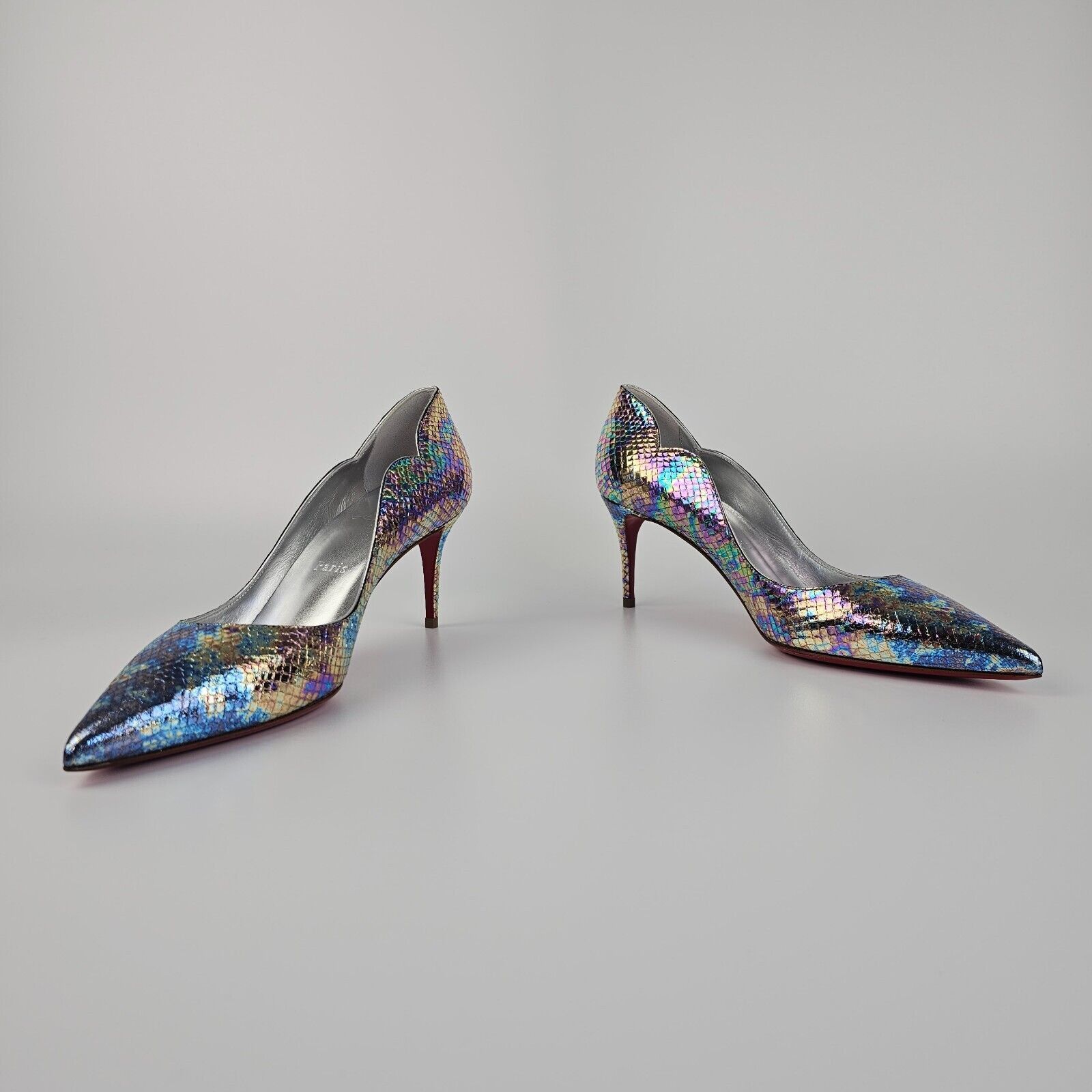 LOUBOUTIN Hot Chick 70mm Silver Leather Heeled Pumps New