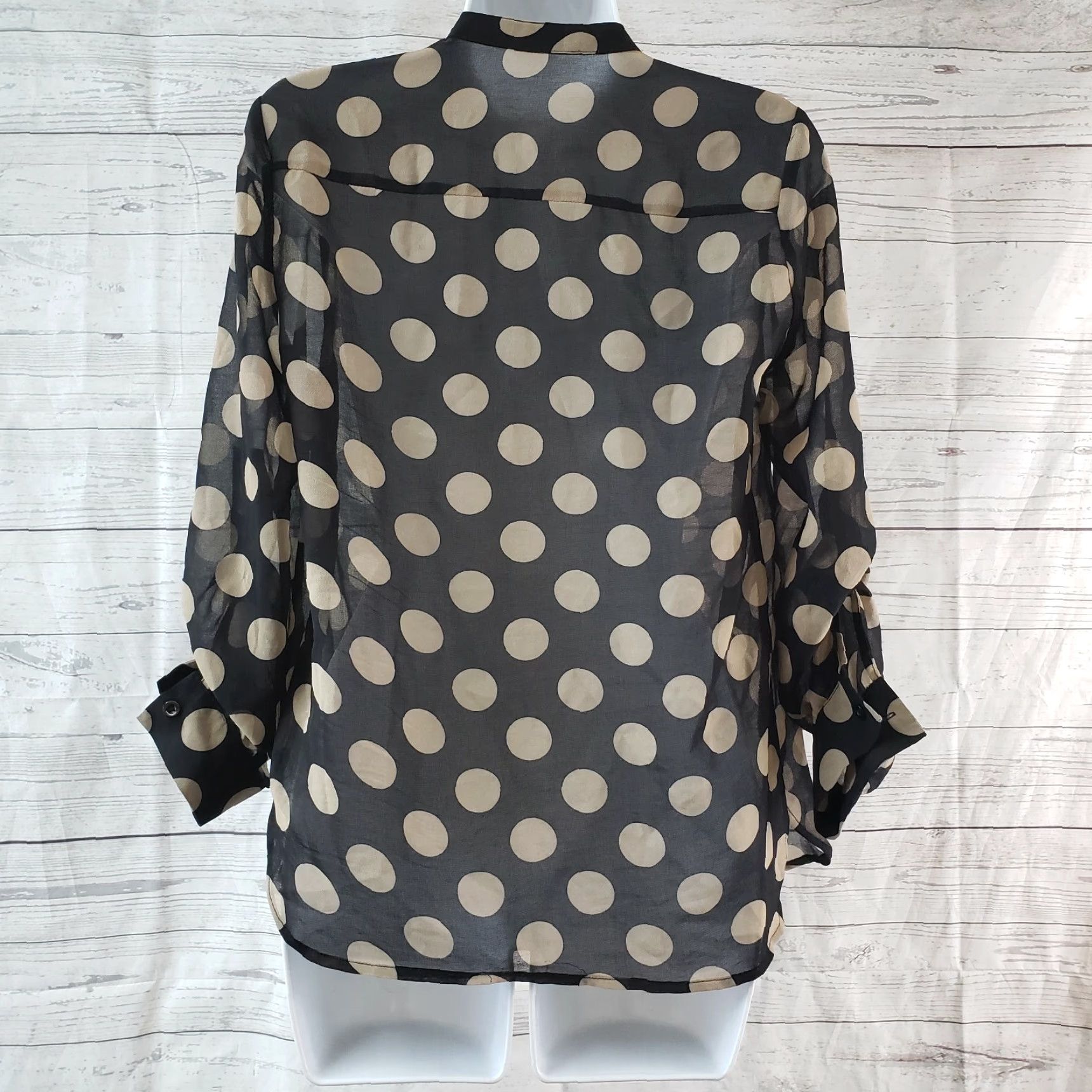 Vintage 41Hawthorn Blouse Polka Dot Sheer Black Tan Womens XS S Regular Long Sleeve Button Tabbed Sleeve Shirt Size S / US 4 / IT 40 - 4 Thumbnail