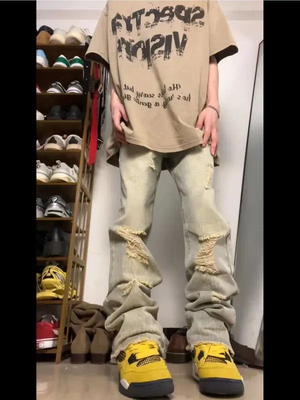 Japanese Brand VIBE Retro yellow mud-dyed ripped raw edge denim trousers Size US 32 / EU 48 - 2 Thumbnail