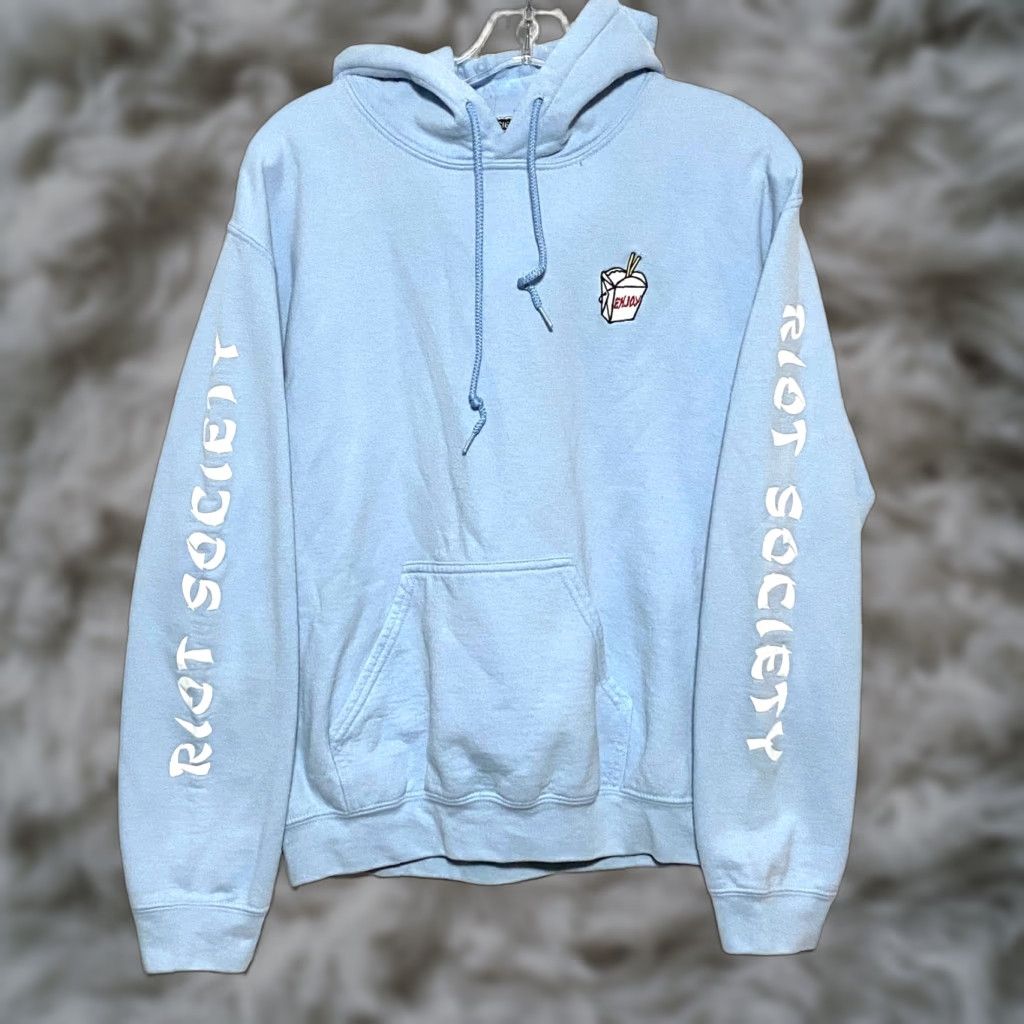 Vintage Riot Society Hoodie Sweatshirt Mens S Blue Embroidered Drawstring Hooded Pockets Fleece Cotton Polyester Size US S / EU 44-46 / 1 - 1 Thumbnail