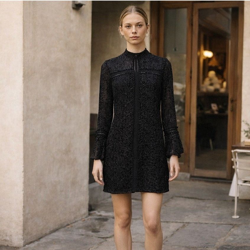 Saylor SAYLOR NYC Long Sleeve Mini Dress sheer shoulder black specs Size S / US 4 / IT 40 - 1 Thumbnail