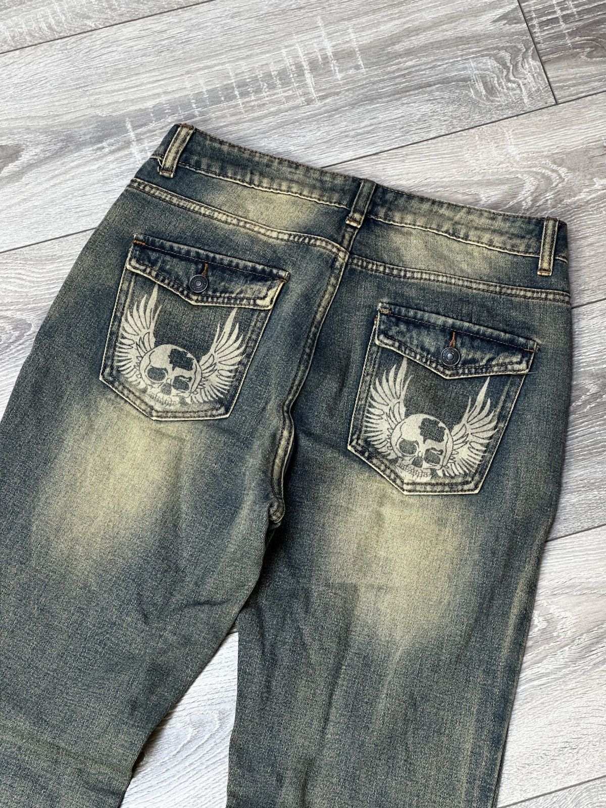 Designer Skull Rock Flare Jeans Punk Washed Size M Size 26" / US 2 / IT 38 - 3 Thumbnail