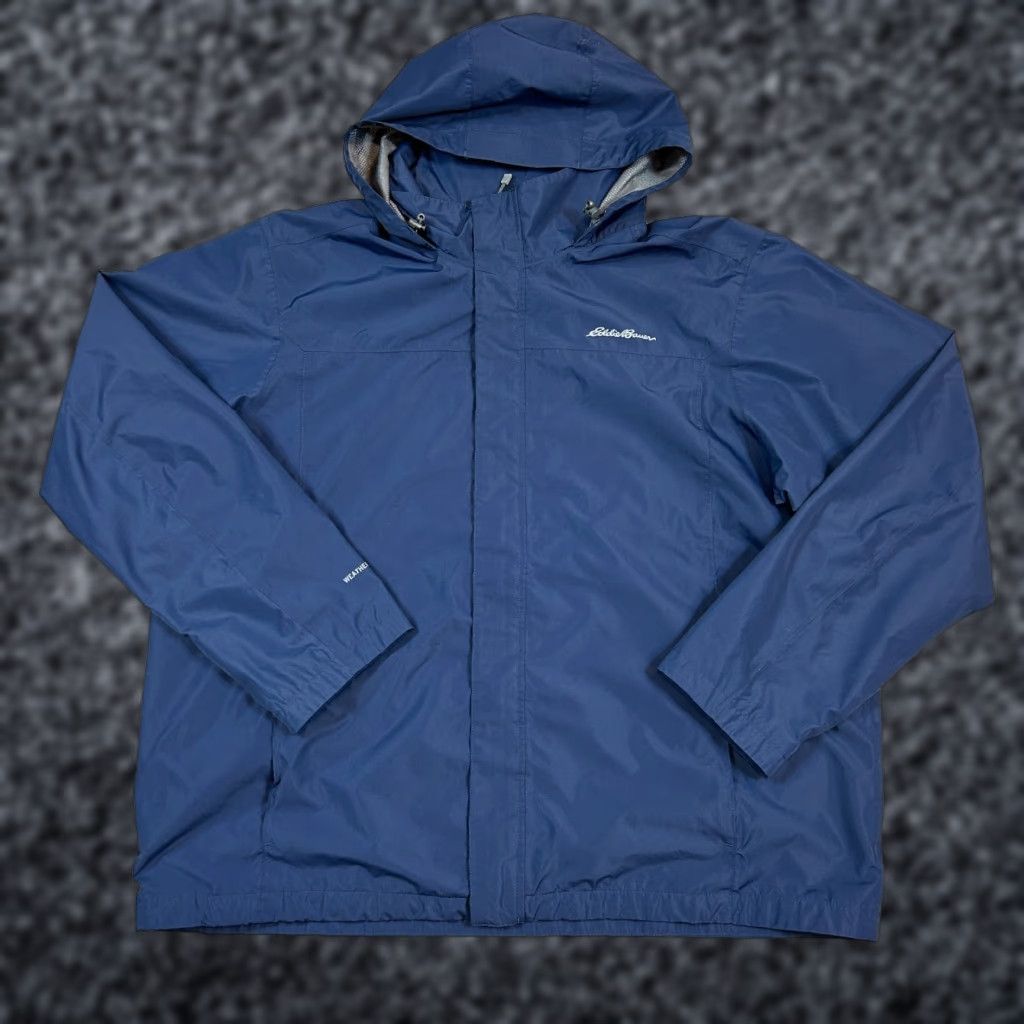 Eddie Bauer WeatherEdge Jacket Mens 2XL Hooded Zip Weatherproof Blue Snow Hiking Nylon Softshell Parka