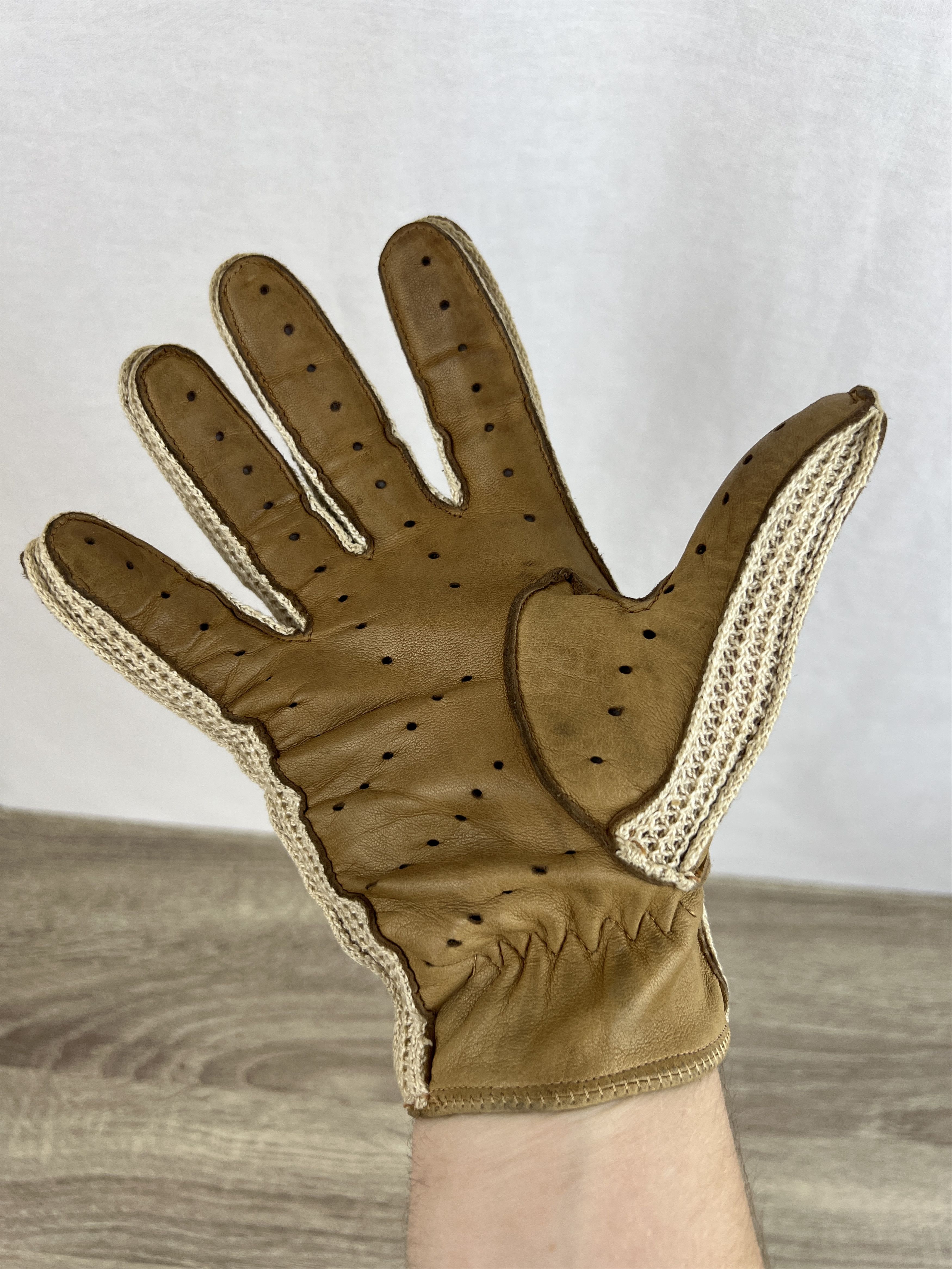 Vintage 70-80s Brown Leather Racing Gloves Knitted Leon Dore