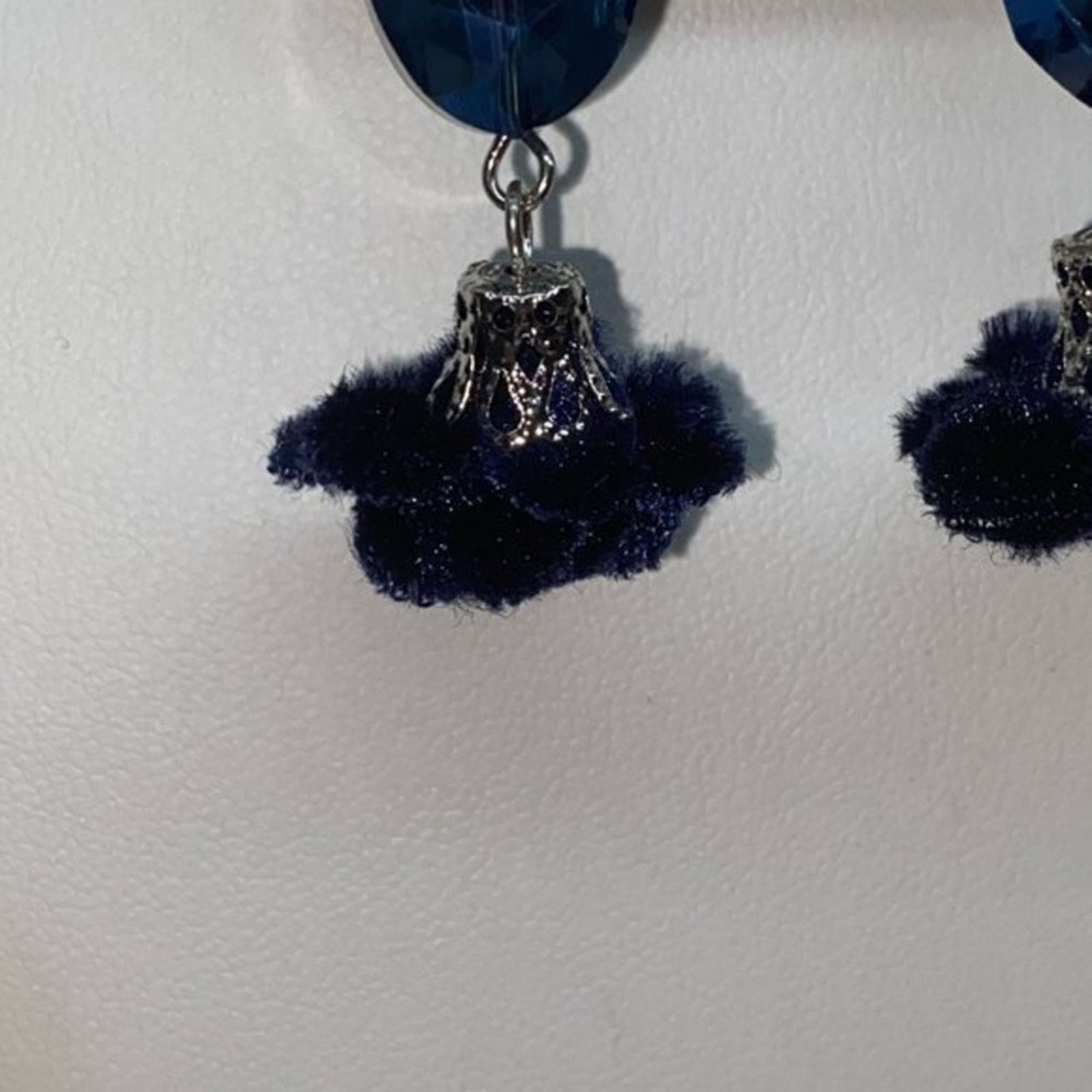 Handmade Silver-Tone Blue Beaded & Pom-Pom Dangle Earrings Size ONE SIZE - 4 Thumbnail