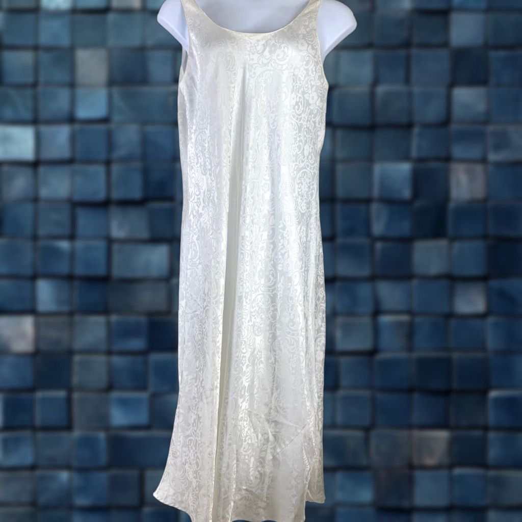 VINTAGE Natori Slip Dress White Floral Satin Sleeveless Full Length Large Womens