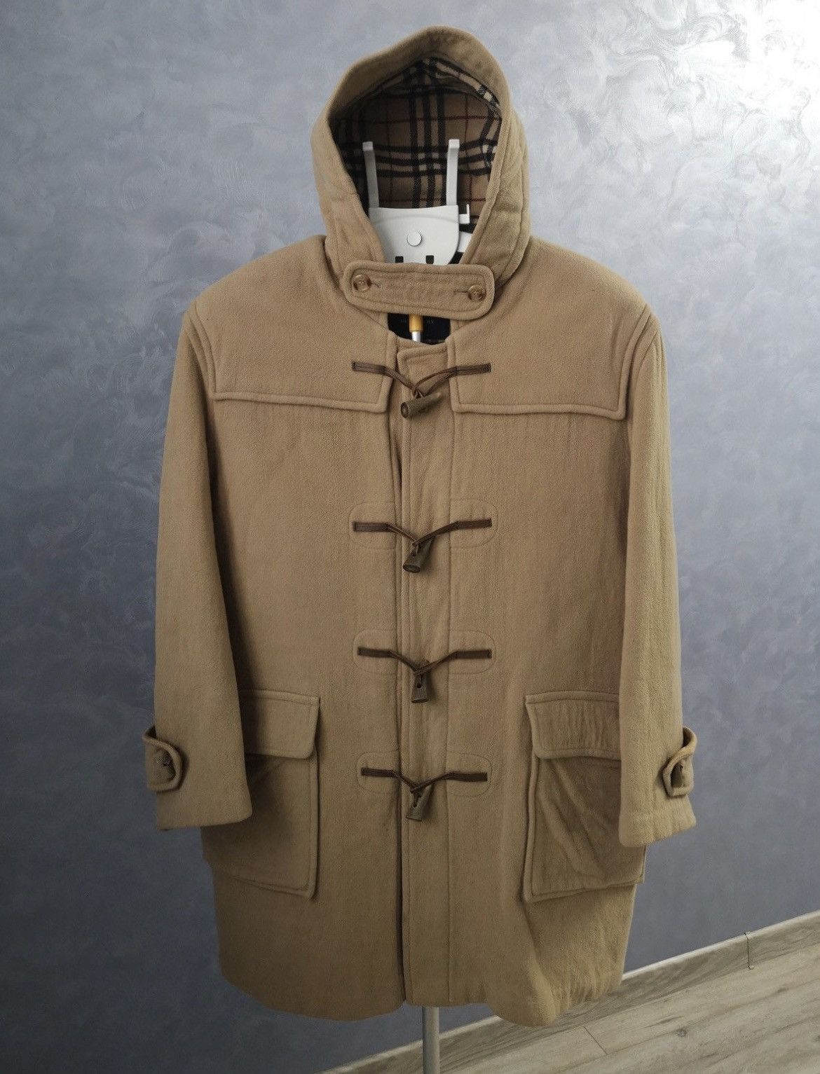 image of Vintage Burberry London Nova Check Duffle Wool Coat in Beige, Men's (Size Large)