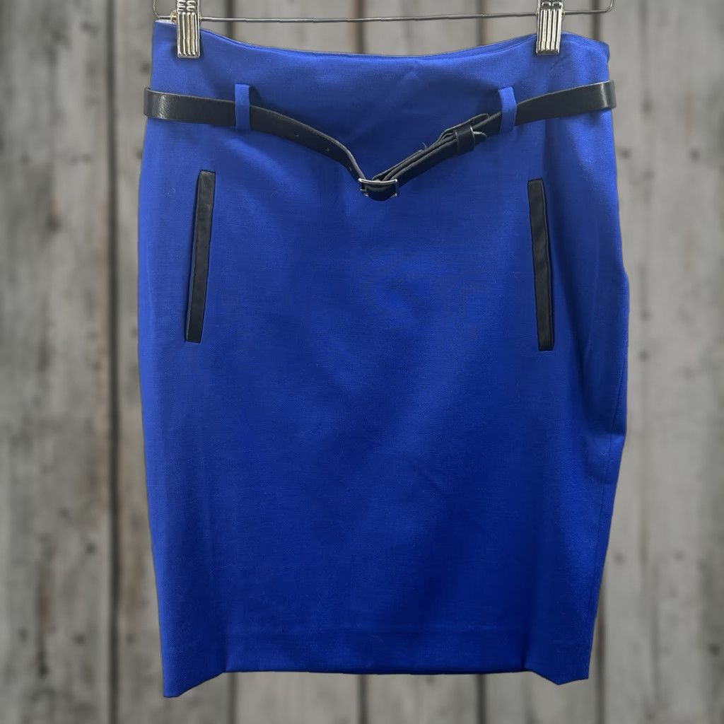 Vintage Yigal Azrouel Skirt Womens 4 Blue Black Leather Belt Business Trim Quiet Luxury Size 27" / US 4 / IT 40 - 1 Thumbnail