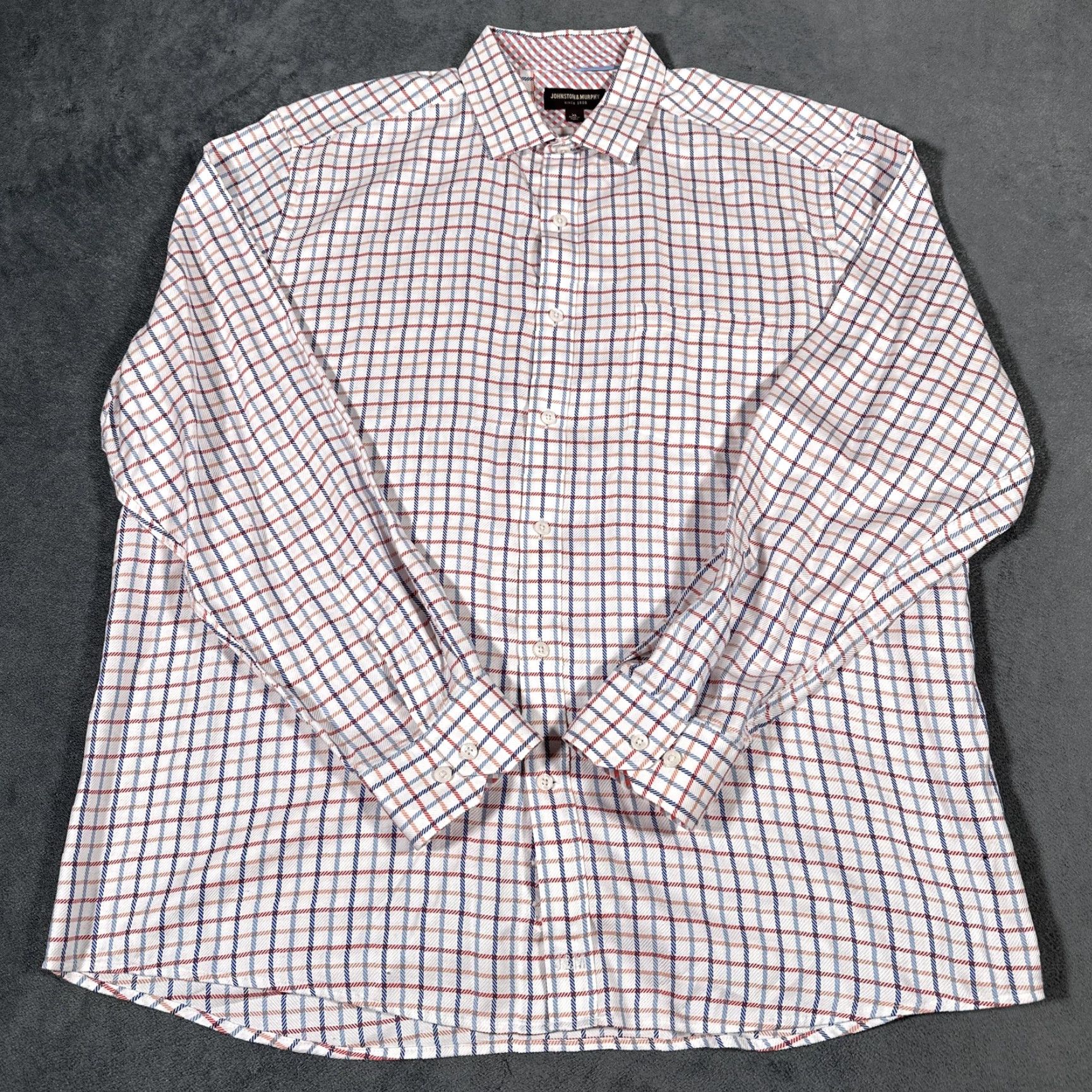 Johnston & Murphy Johnston & Murphy Shirt Men XL White Blue Plaid Button-Down Pocket 100% Cotton Long Sleeve Size US XL / EU 56 / 4 - 2 Thumbnail