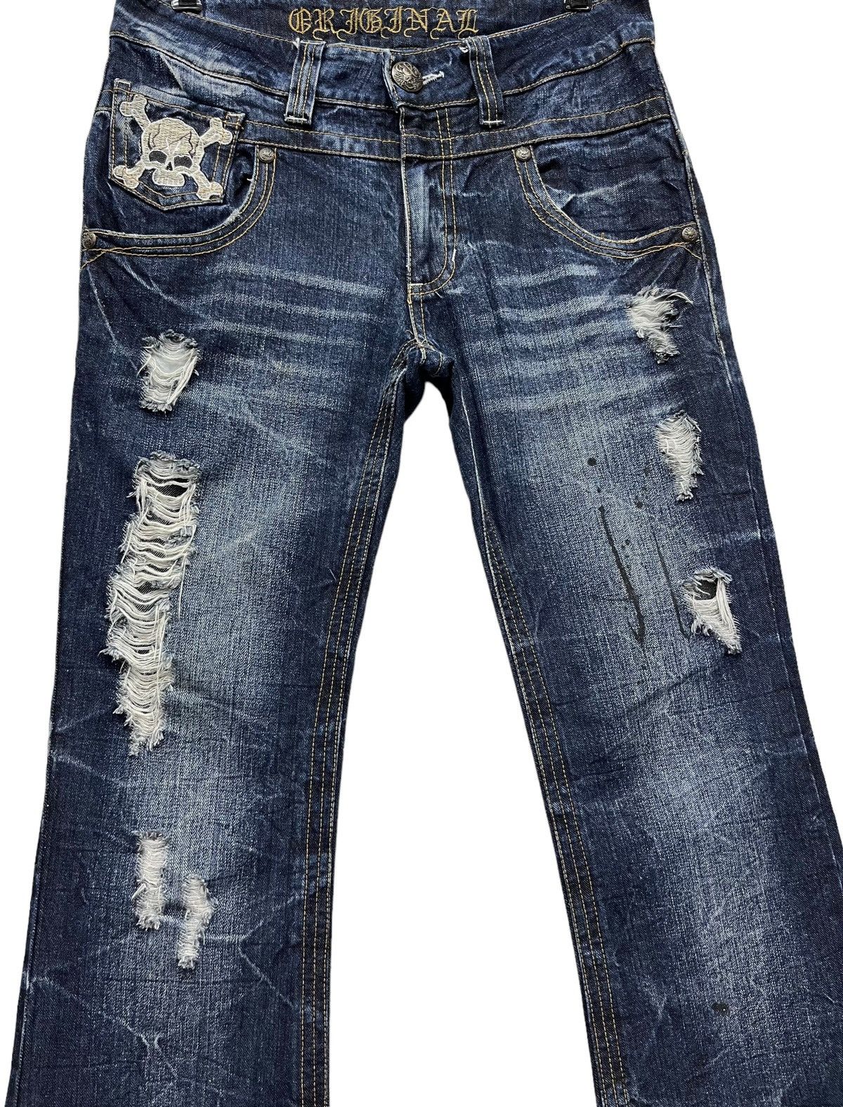 Skullcandy FLARE🔥 S&B Skull Embroidery Distressed Ripped Denim Pants Size US 31 - 9 Thumbnail