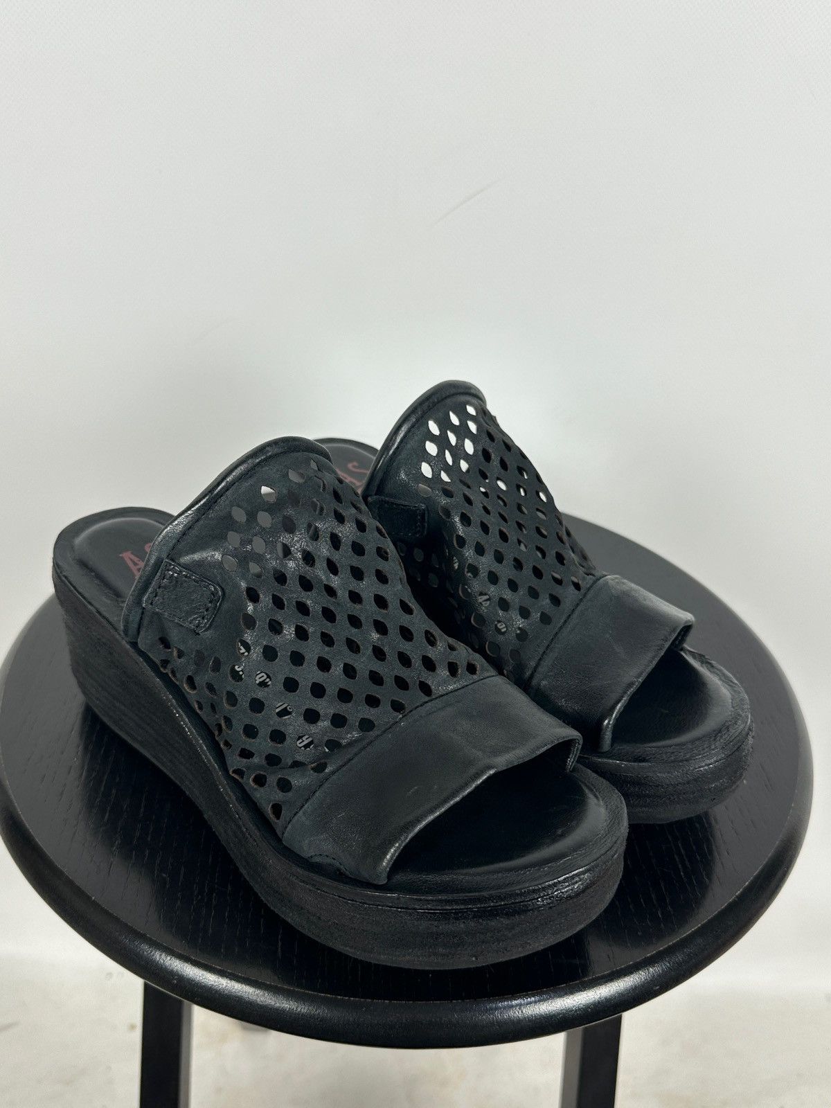 A.S.98 A.S.98 Black Perforated Leather Platform Slide Mules Sandals Size US 7 / IT 37 - 8 Thumbnail