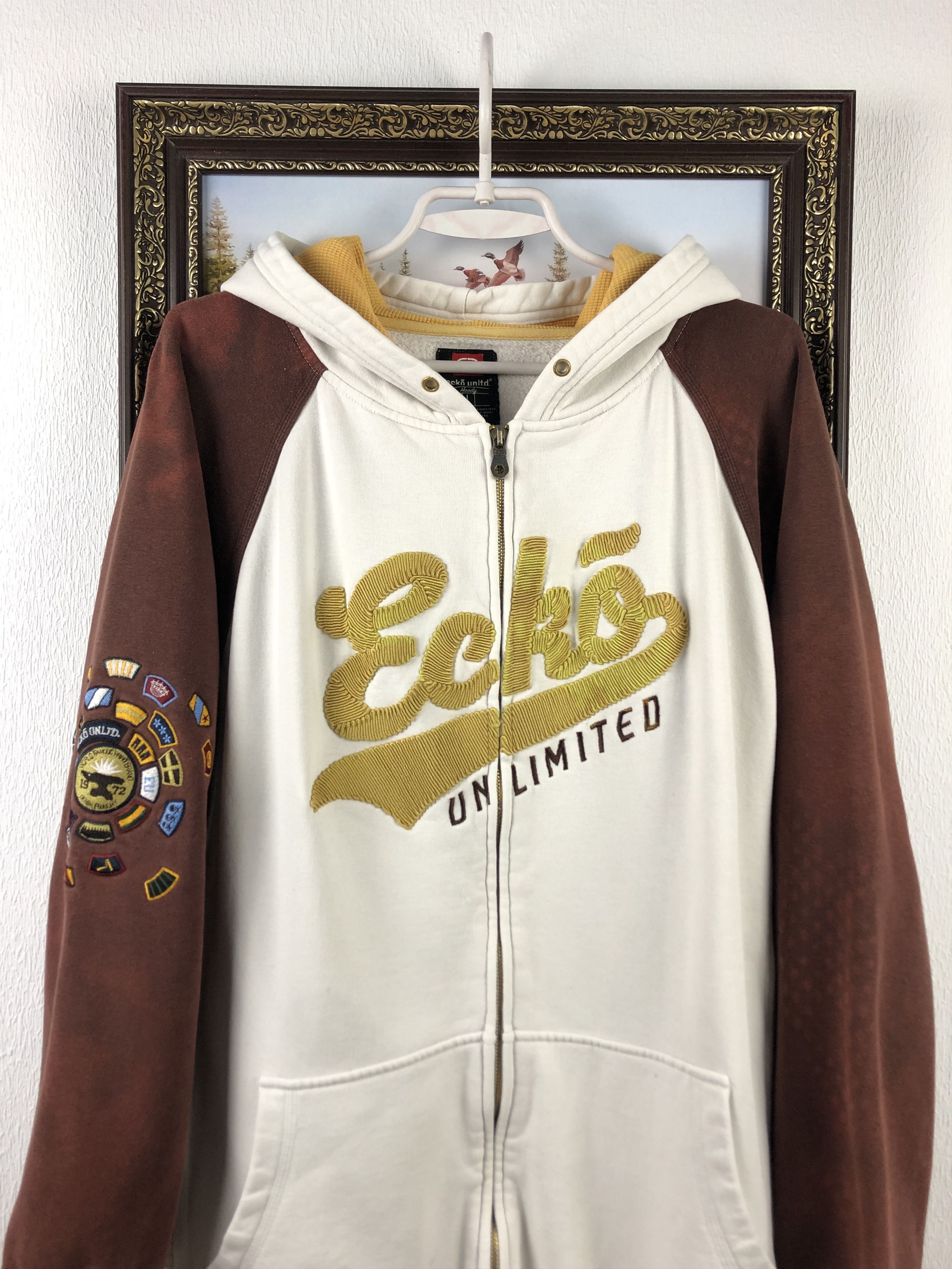 Ecko Unltd. × Vintage Vintage Ecko Unlimited Unltd Zipper Hoodie White Gray Gold Size US L / EU 52-54 / 3 - 2 Thumbnail
