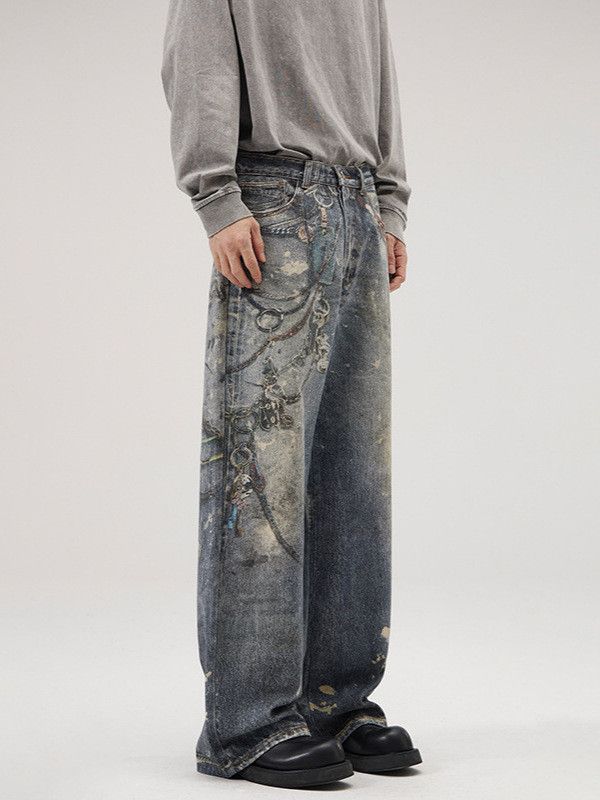 Japanese Brand Men's distressed chain print loose straight leg jeans Size US 32 / EU 48 - 2 Thumbnail