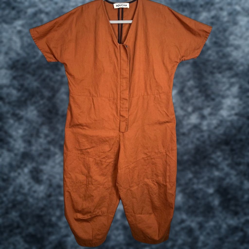 Vintage Roucha Jumpsuit Womens Size L Orange Cotton Short Sleeve V-Neck One-Piece Wide-Leg Casual Size 36" / US 14 / IT 50 - 1 Thumbnail