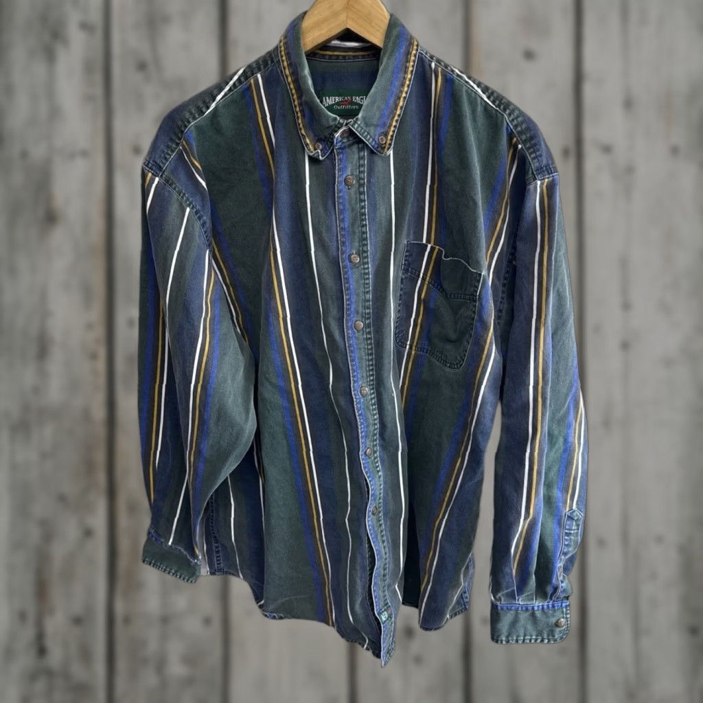 VINTAGE American Eagle Outfitters Western Shirt XL Striped Button-Up Knit Cotton Multicolor 1990s Cowboy Usa Mens
