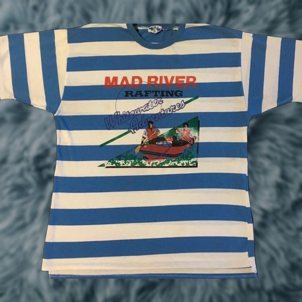VINTAGE Mad River Whitewater Rafting Faded Striped Shirt L Blue/White Mens T-Shirt 80s 90s Grunge Beach Surf Skate Rock University USA Bar