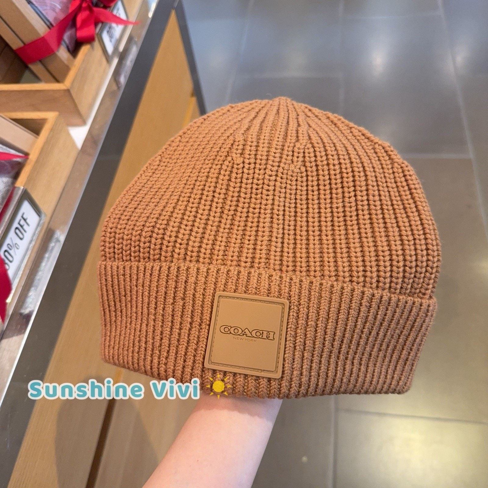 NWT Coach Knit Beanie Rubber Patch Light Saddle 100% Wool