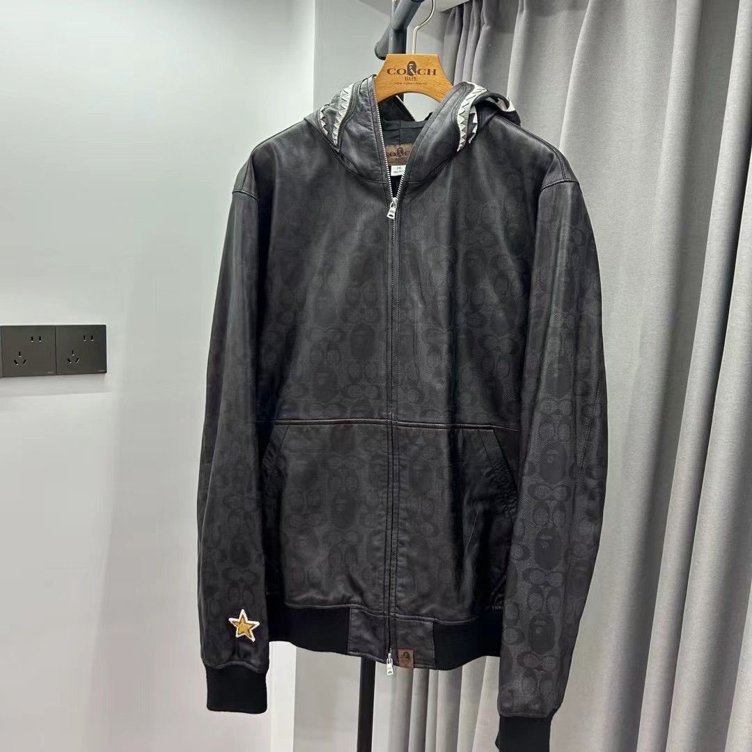 Bape BAPE x COACH LEATHER SHARK HOODIE JACKET | Grailed