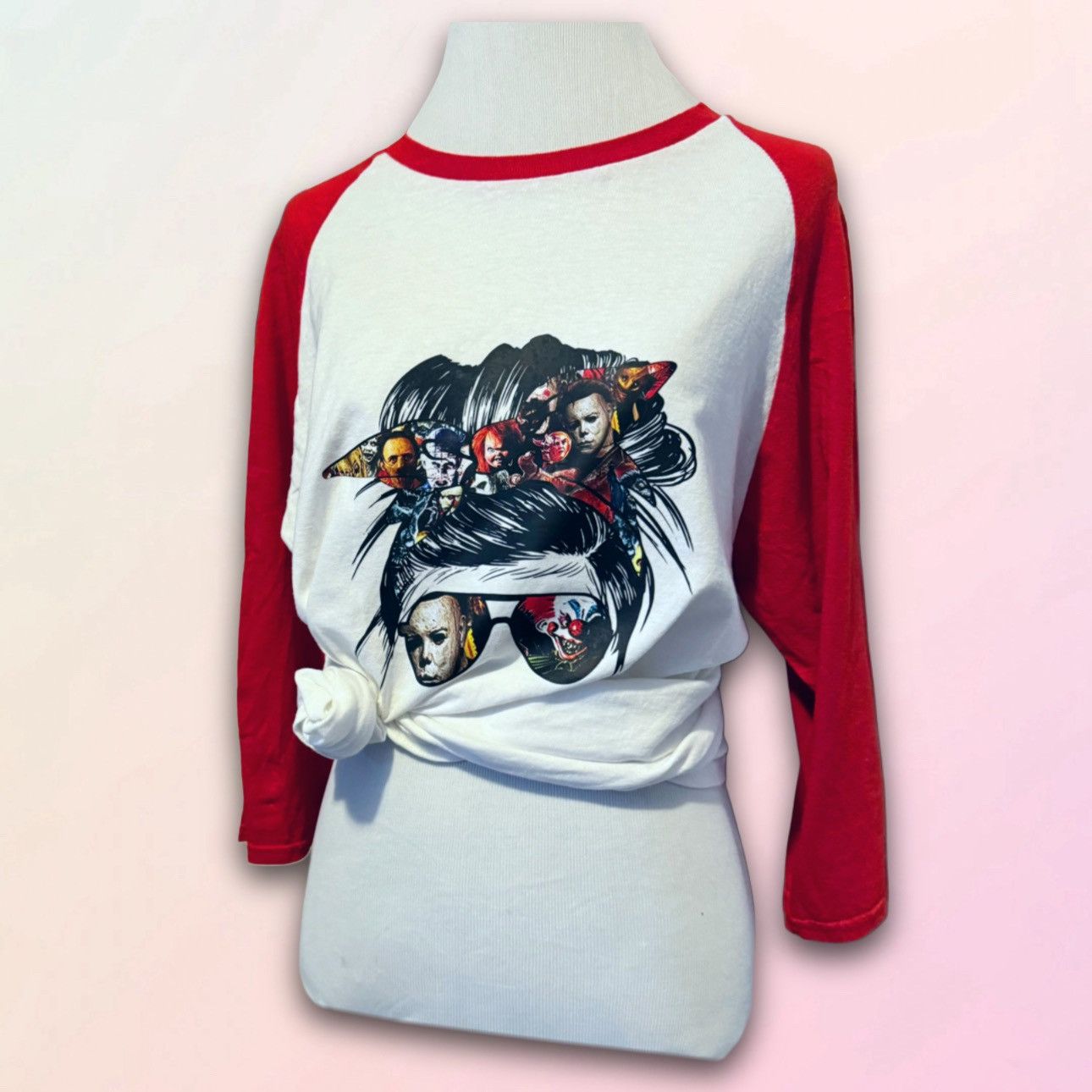 Other Messy Bun/Horror Movie, Custom Halloween Raglan Tee Size M / US 6-8 / IT 42-44 - 1 Thumbnail