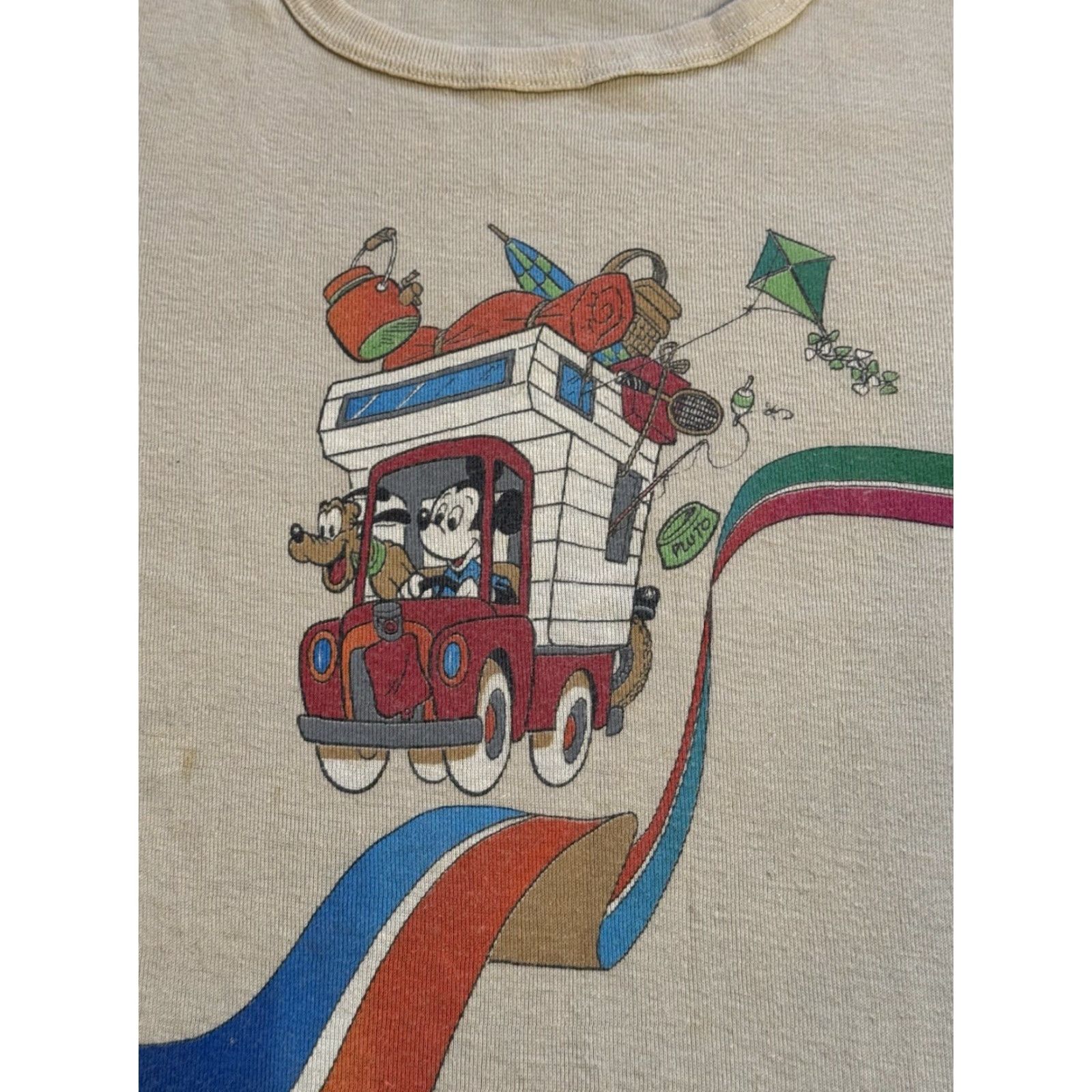 Disney VINTAGE Disney Mickey & Pluto Camping T Shirt 70s Outdoor Beige Size M Men Short Sleeve Cartoon 70s Logo Graphic Print Cotton polyester Size US M / EU 48-50 / 2 - 3 Thumbnail
