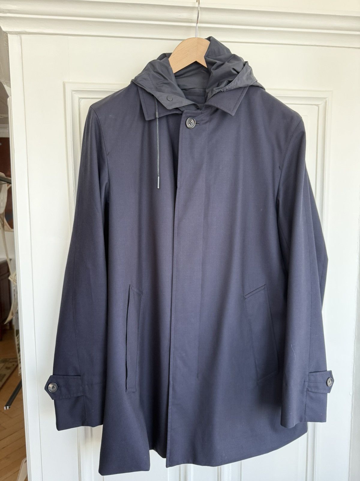 Zegna High Performance Packaway Hooded Wool Coat Navy 52R