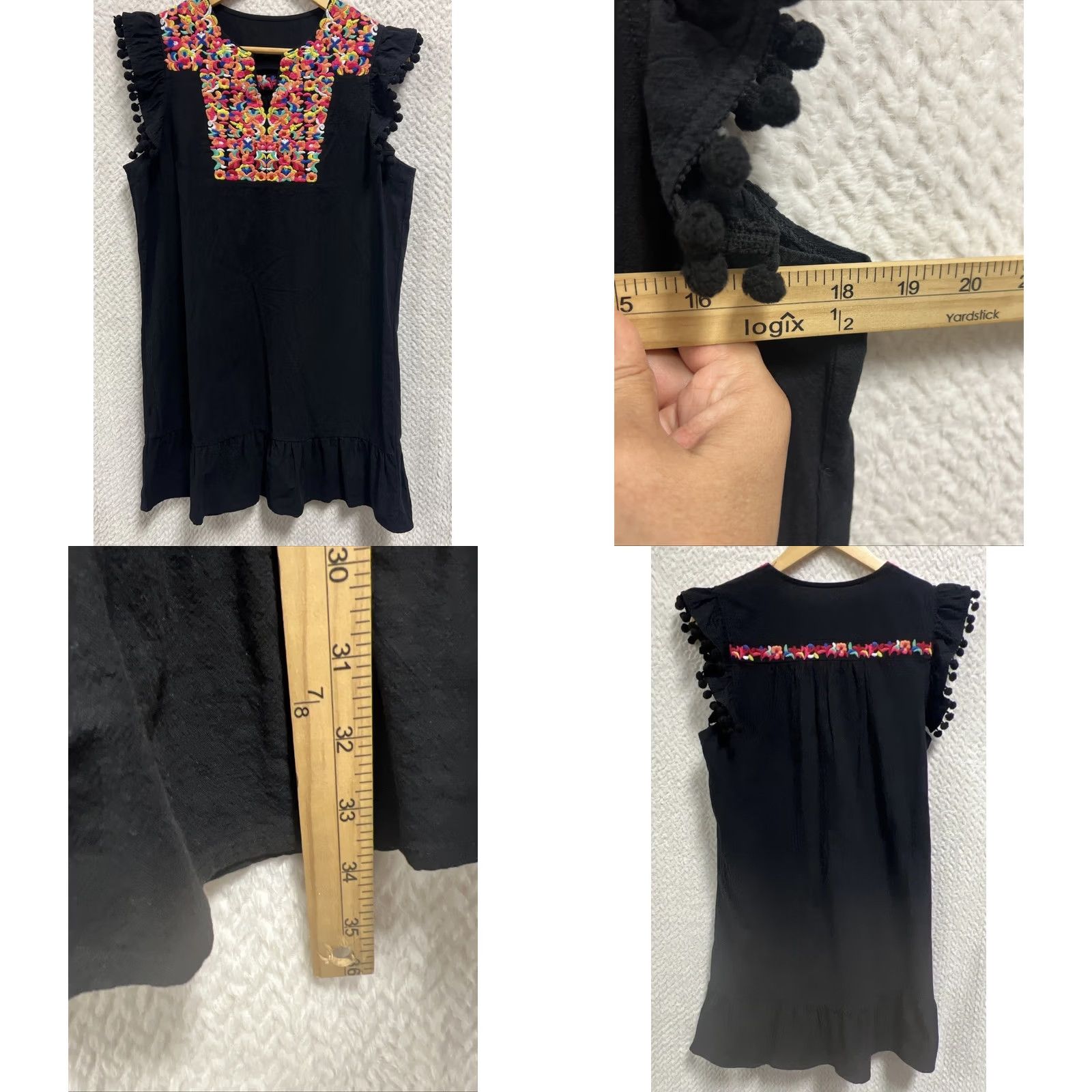 Vintage VINTAGE Boho Embroidered Shift Dress XL 12 Pom Pom Flutter Sleeve Mini Bohemian Festival Size XL / US 12-14 / IT 48-50 - 8 Thumbnail