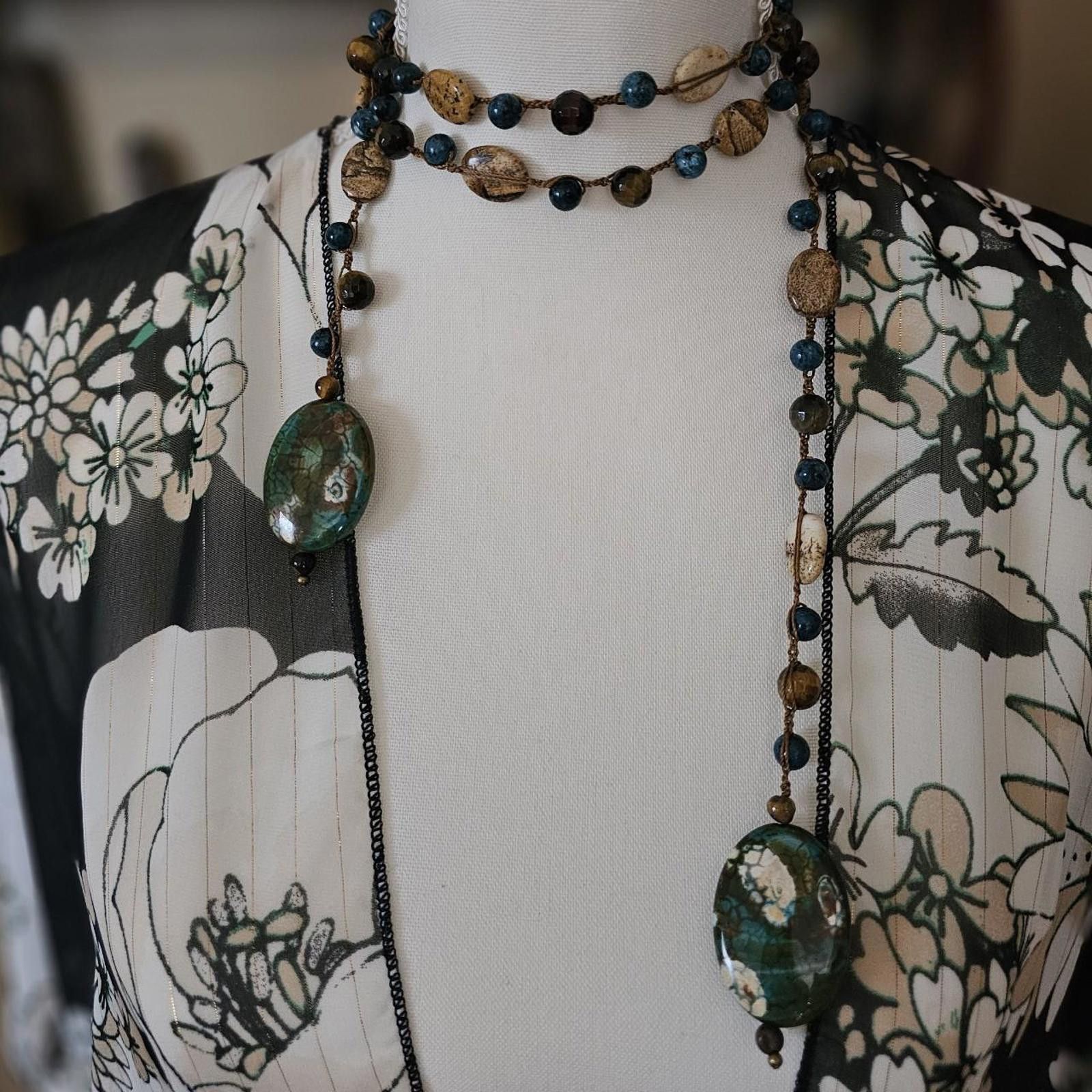 Designer Handmade Tiger's Eye Picture Jasper Lariat Style Necklace Size ONE SIZE - 3 Thumbnail