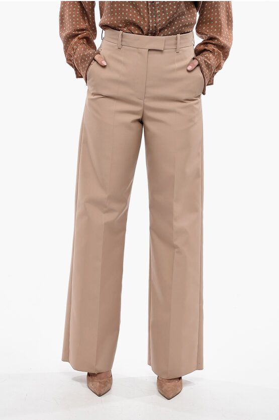 image of Valentino Front-Pleated Wide-Leg Pants in Beige, Women's (Size 26)