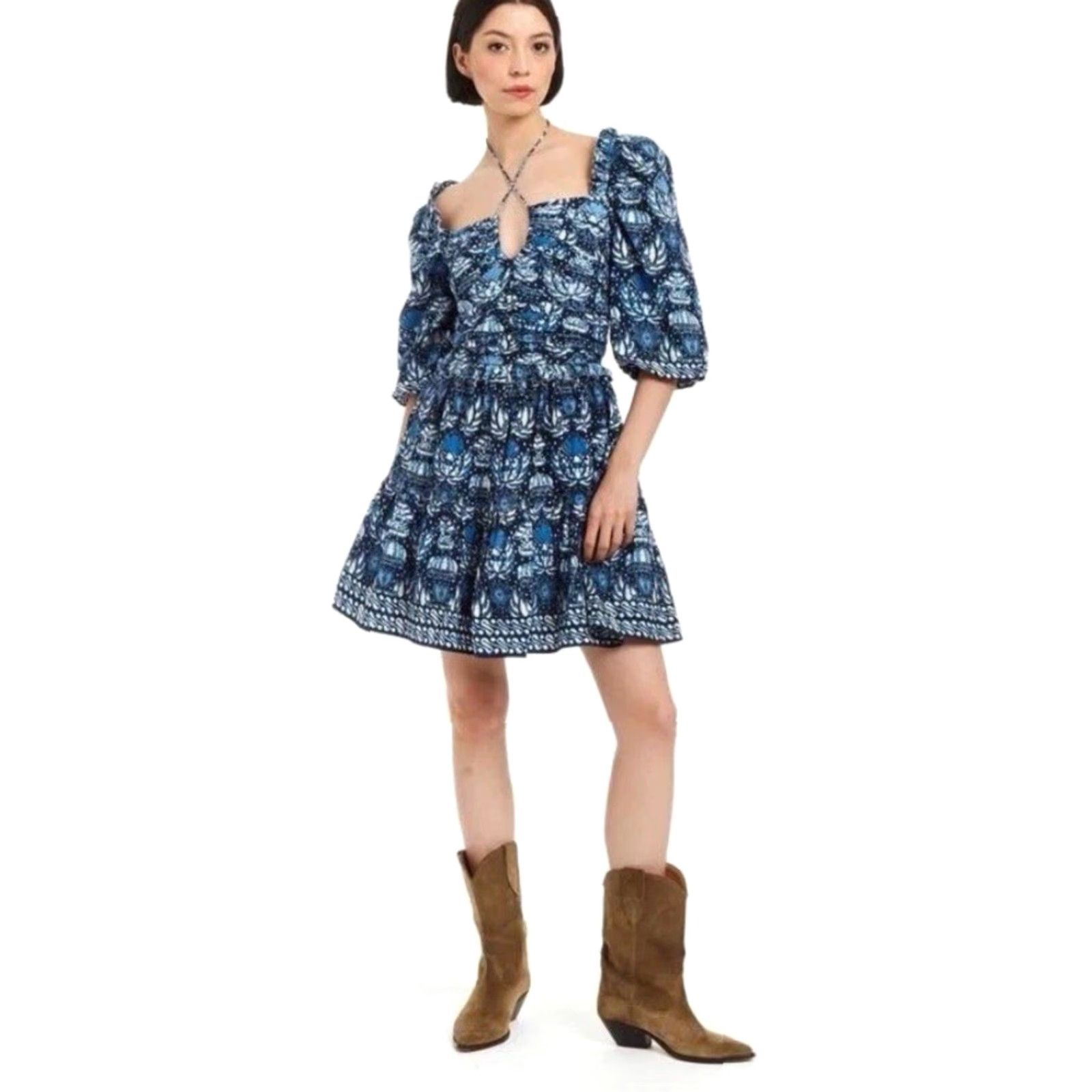 Vintage Love the Label Anthropologie Puff Sleeve Cassie Mini Dress Blue S Ladies, Floral, Cotton, Short, Square Neck, Smocked, Spring Summer, Womens Size S / US 4 / IT 40 - 4 Thumbnail