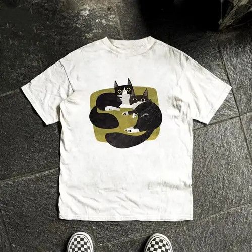 Japanese Brand White street washed retro cute cat print t-shirt Size US M / EU 48-50 / 2 - 3 Thumbnail