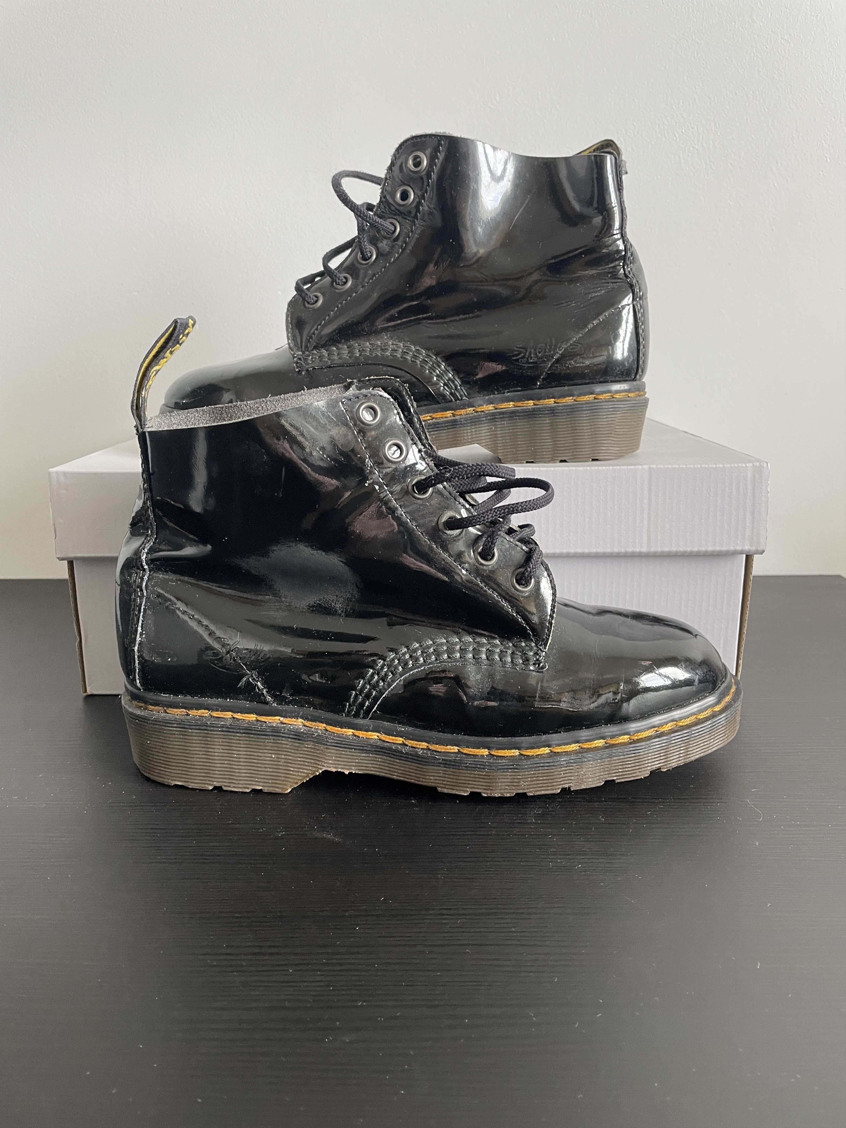 Dr. Martens BLACK PATENT LEATHER PUNK ROCK DR MARTENS BOOTS Size US 7 / EU 40 - 1 Thumbnail