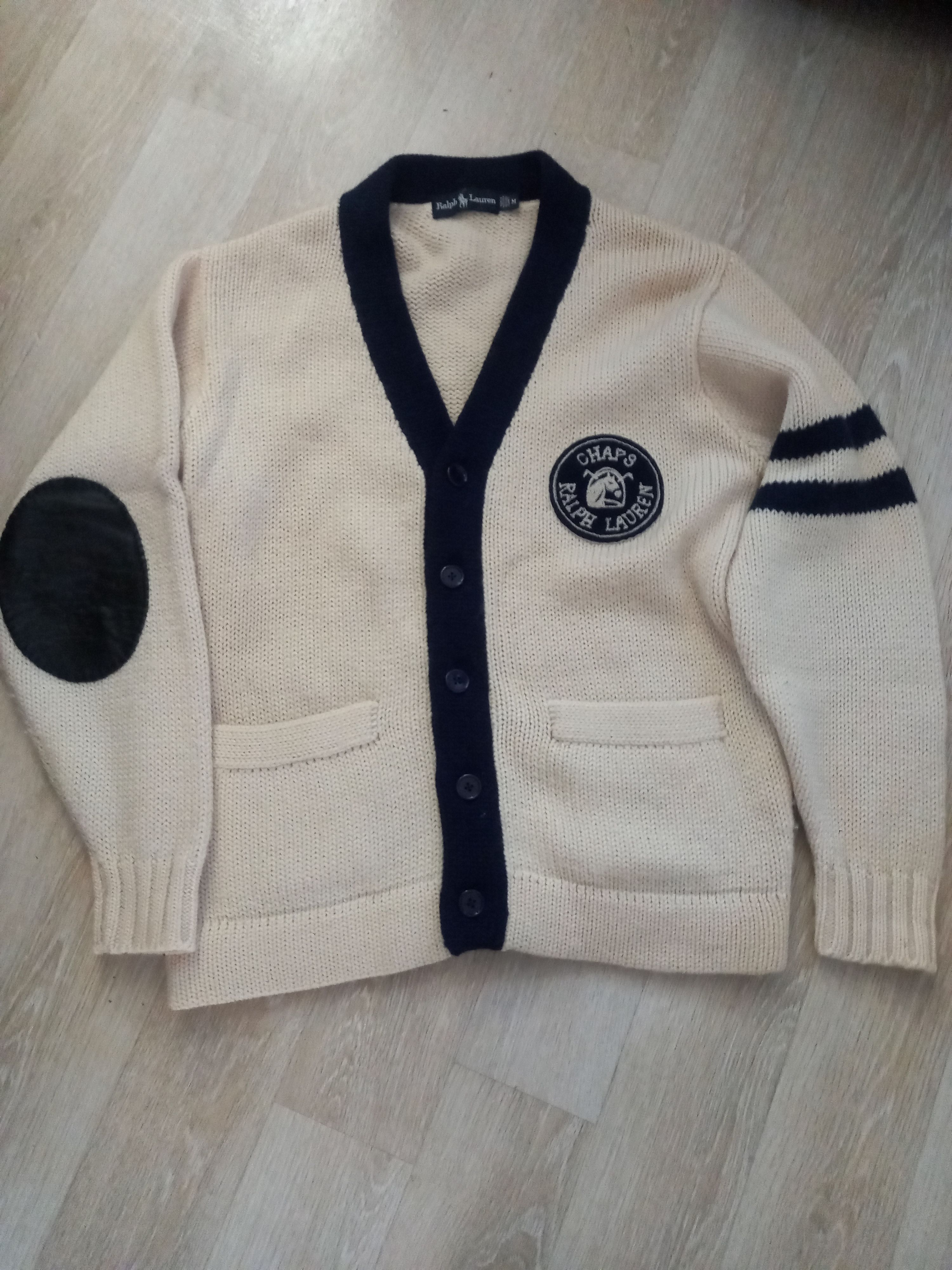 Polo Ralph Lauren 90s Vintage Chaps Ralph Lauren Wool Cardigan Leather Patches Size US M / EU 48-50 / 2 - 1 Thumbnail