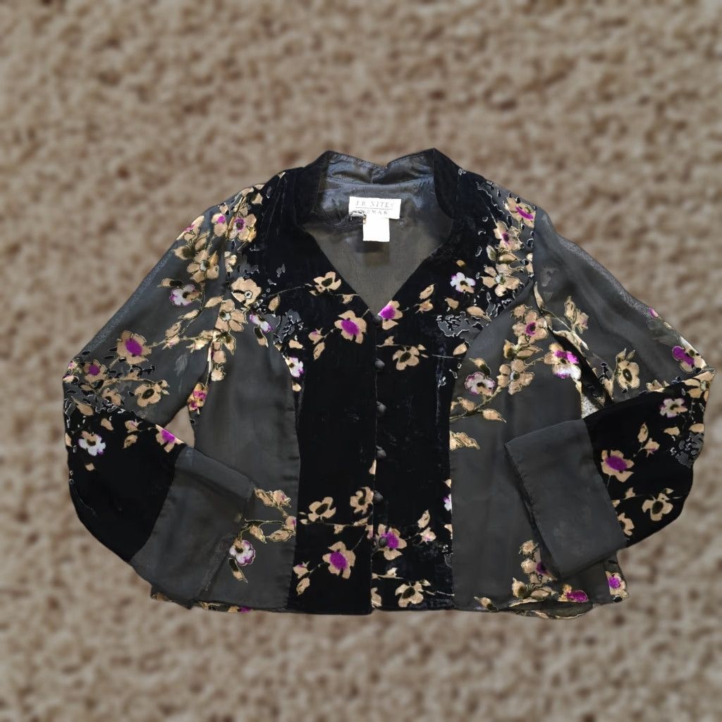 Velvet VINTAGE JR Nites Top Womens 14W Black Floral Velvet Burnout Witch Whimsy Goth Shirt Blouse Womens Size XL / US 12-14 / IT 48-50 - 1 Thumbnail